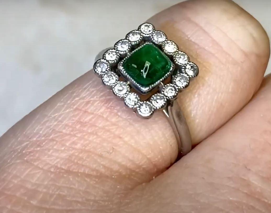 Antique 0.75ct Sugarloaf Cut Emerald Engagement Ring, Diamond Halo, Platinum For Sale 2