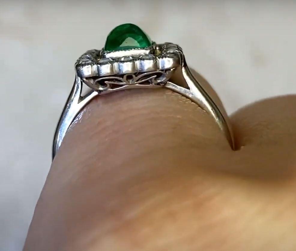 Antique 0.75ct Sugarloaf Cut Emerald Engagement Ring, Diamond Halo, Platinum For Sale 3