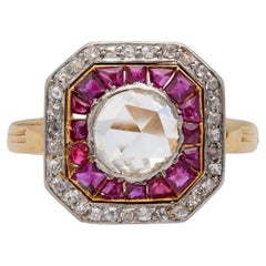 Antique 0.77 Carat Rose Cut Diamond and Ruby 18 Karat Yellow Gold Platinum Ring