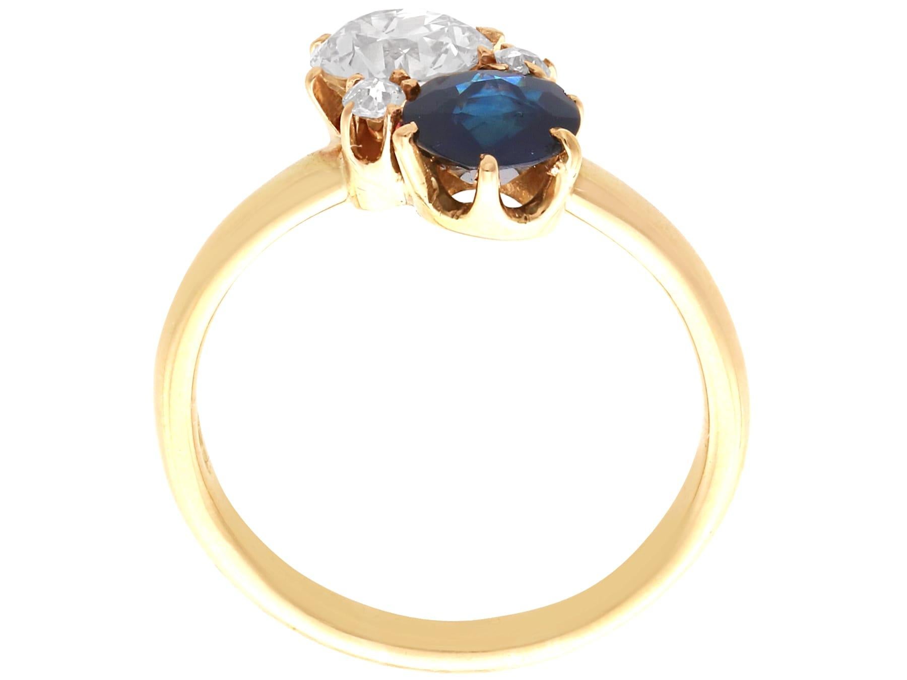 Bague ancienne en or jaune 14 carats avec saphir de 0,78 carat et diamant de 0,88 carat, c. 1910 en vente 2