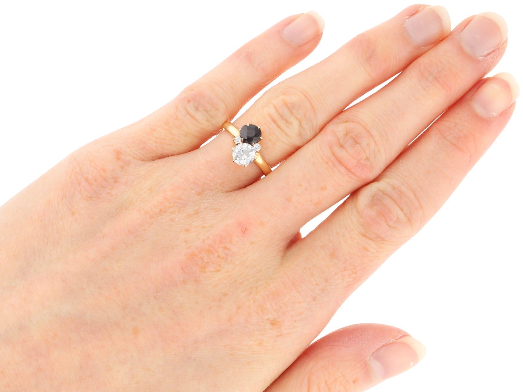 Bague ancienne en or jaune 14 carats avec saphir de 0,78 carat et diamant de 0,88 carat, c. 1910 en vente 3