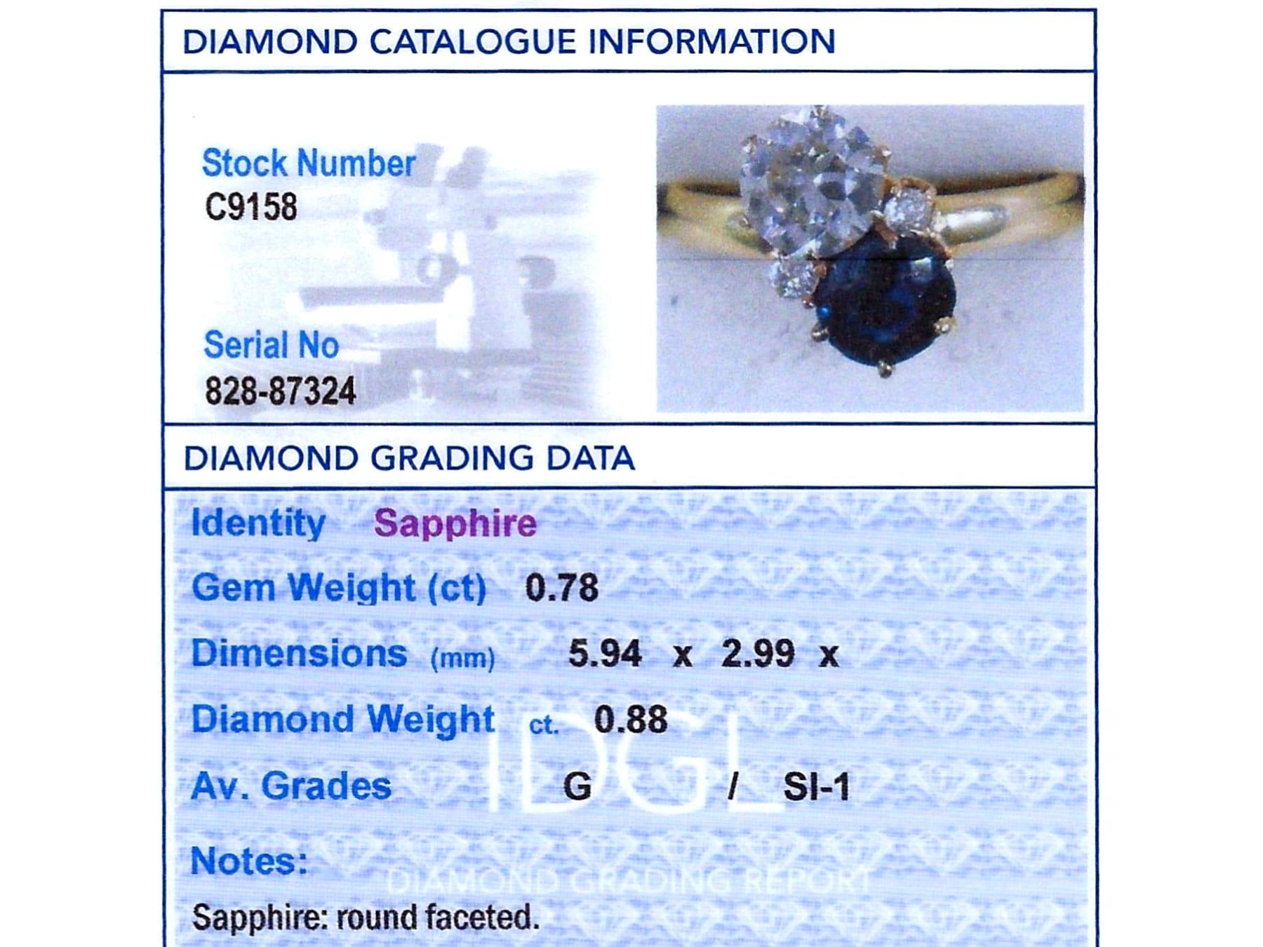 Bague ancienne en or jaune 14 carats avec saphir de 0,78 carat et diamant de 0,88 carat, c. 1910 en vente 6