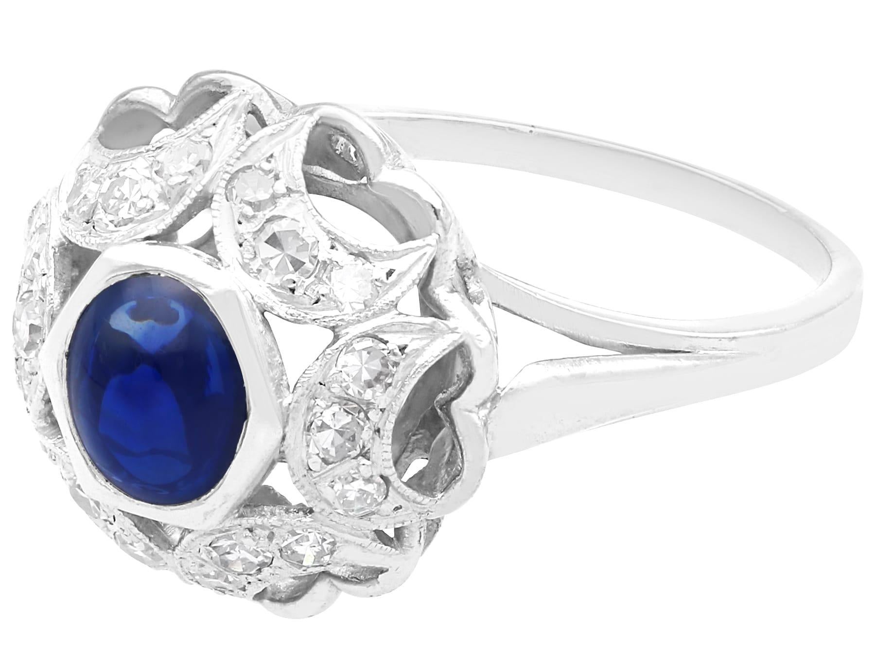 Cabochon Antique 0.78 Carat Sapphire and 0.29 Carat Diamond, Platinum Ring Circa 1925 For Sale