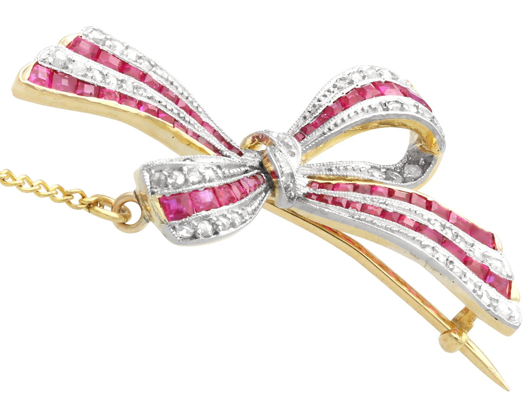 Antique 0.78Ct Ruby and 0.40Ct Diamond 18k Yellow Gold Bow Brooch Circa 1910 In Excellent Condition For Sale In Jesmond, Newcastle Upon Tyne