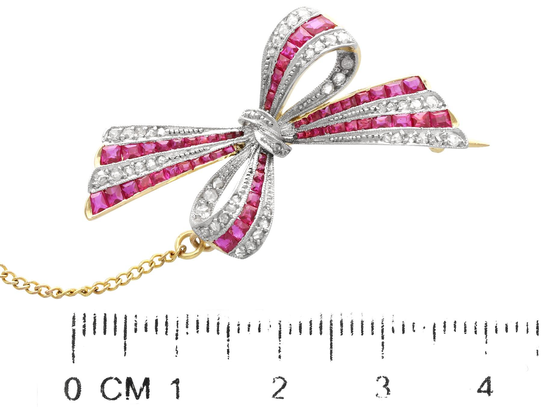 Antique 0.78Ct Ruby and 0.40Ct Diamond 18k Yellow Gold Bow Brooch Circa 1910 For Sale 2