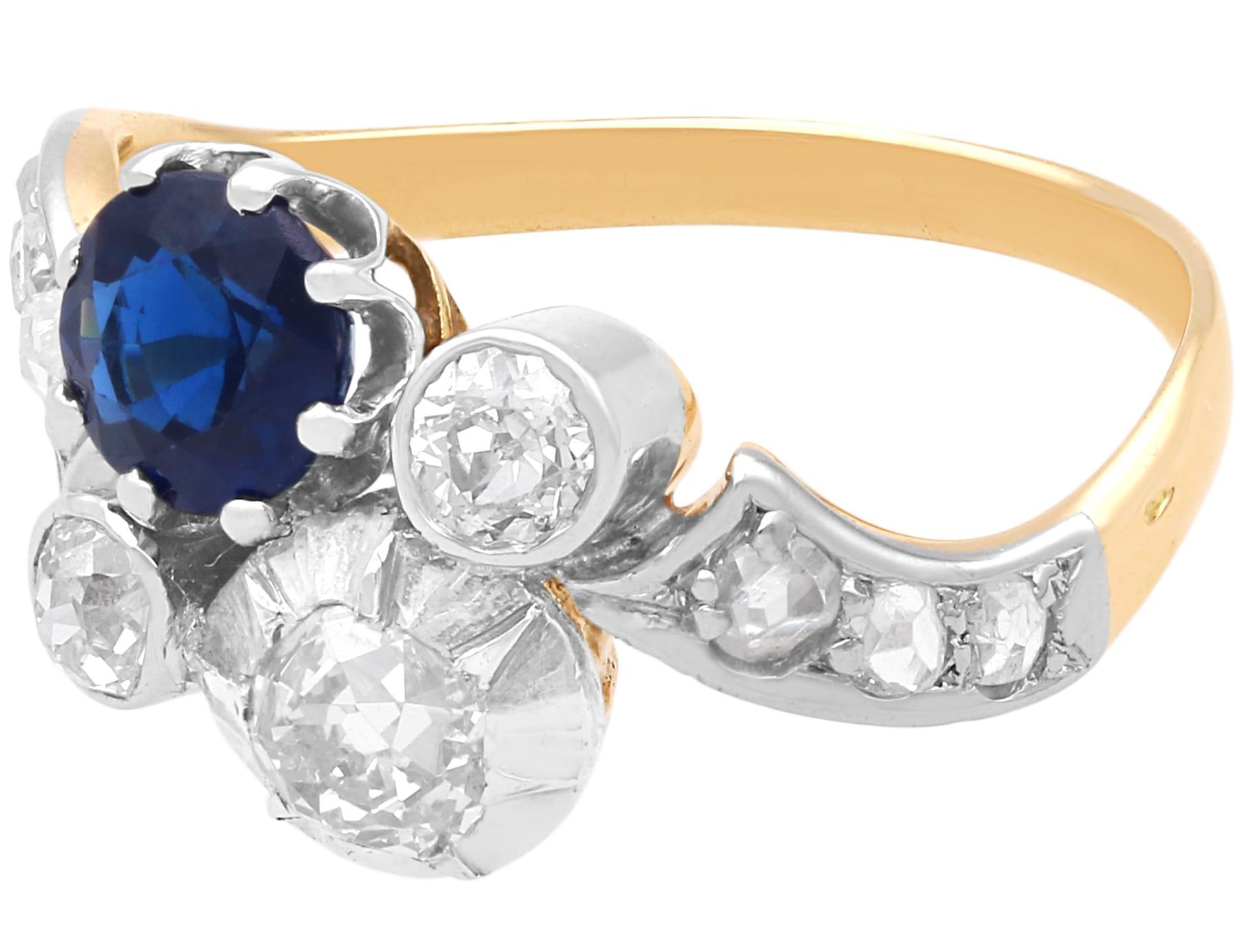 Antiker 0,80ct Saphir und 1,23ct Diamant, 18k Gelbgold Twist Ring für Damen oder Herren im Angebot