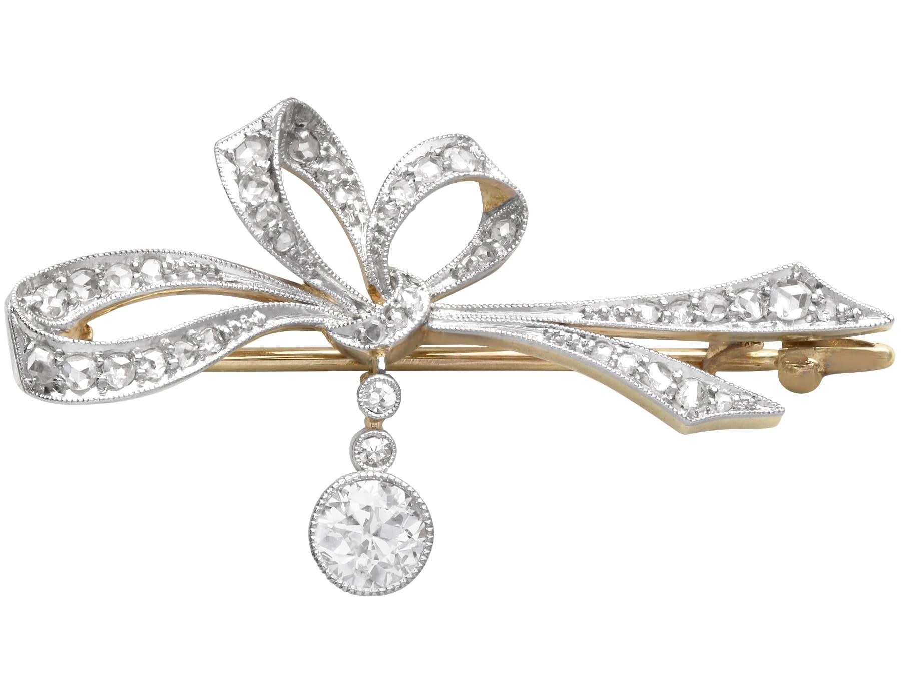 Antique 0.81 Carat Diamond, 15k Yellow Gold Bow Brooch Circa 1900