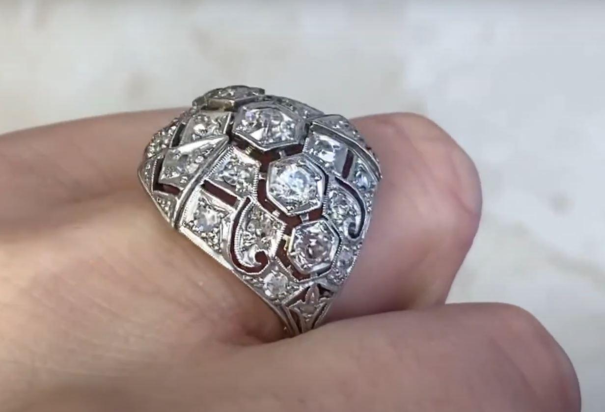 Women's Antique 0.82ct Old Mine Cut Diamond Dome Ring, I Color, Platinum For Sale