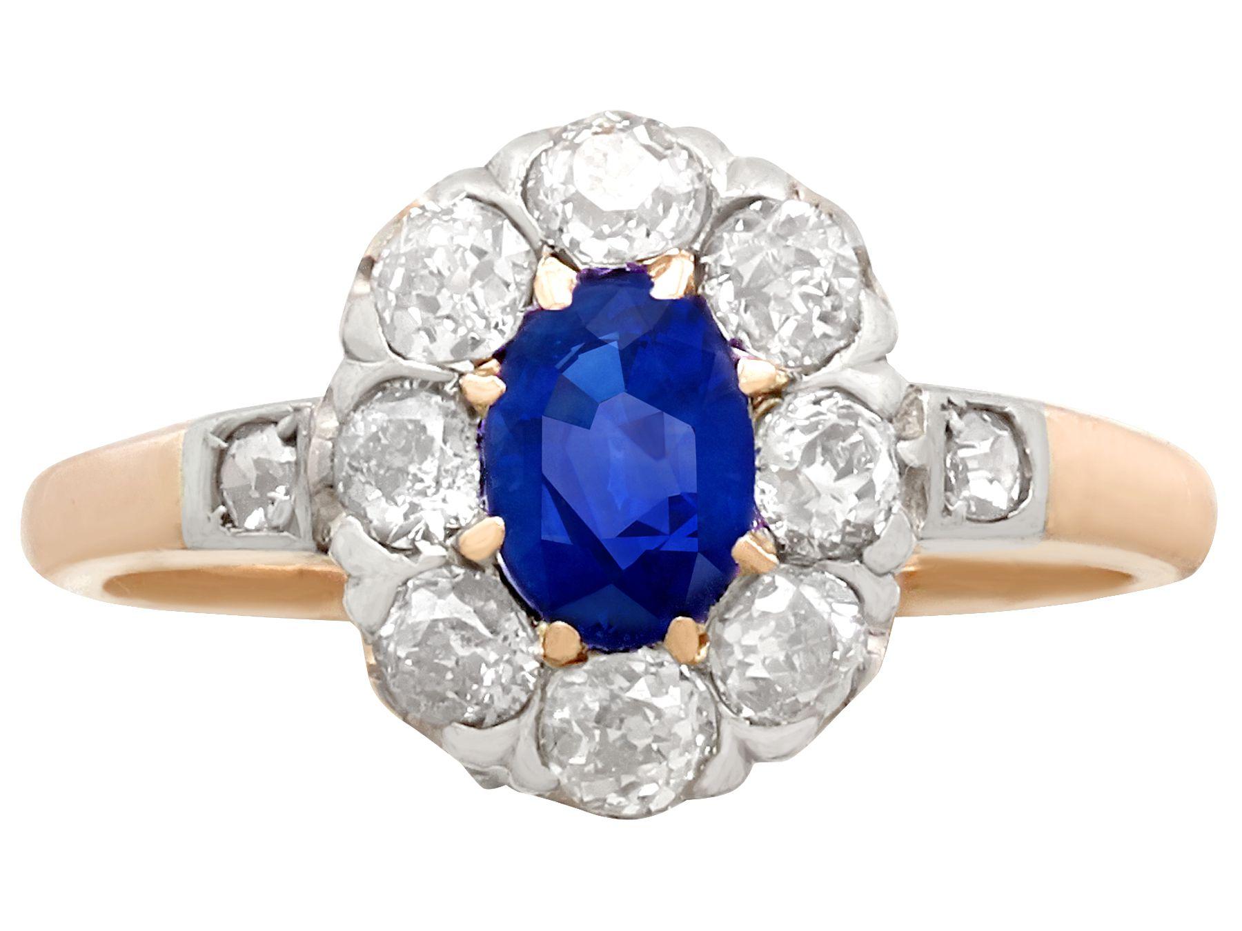 Antique Sapphire and Diamond Rose Gold Cluster Ring In Excellent Condition In Jesmond, Newcastle Upon Tyne