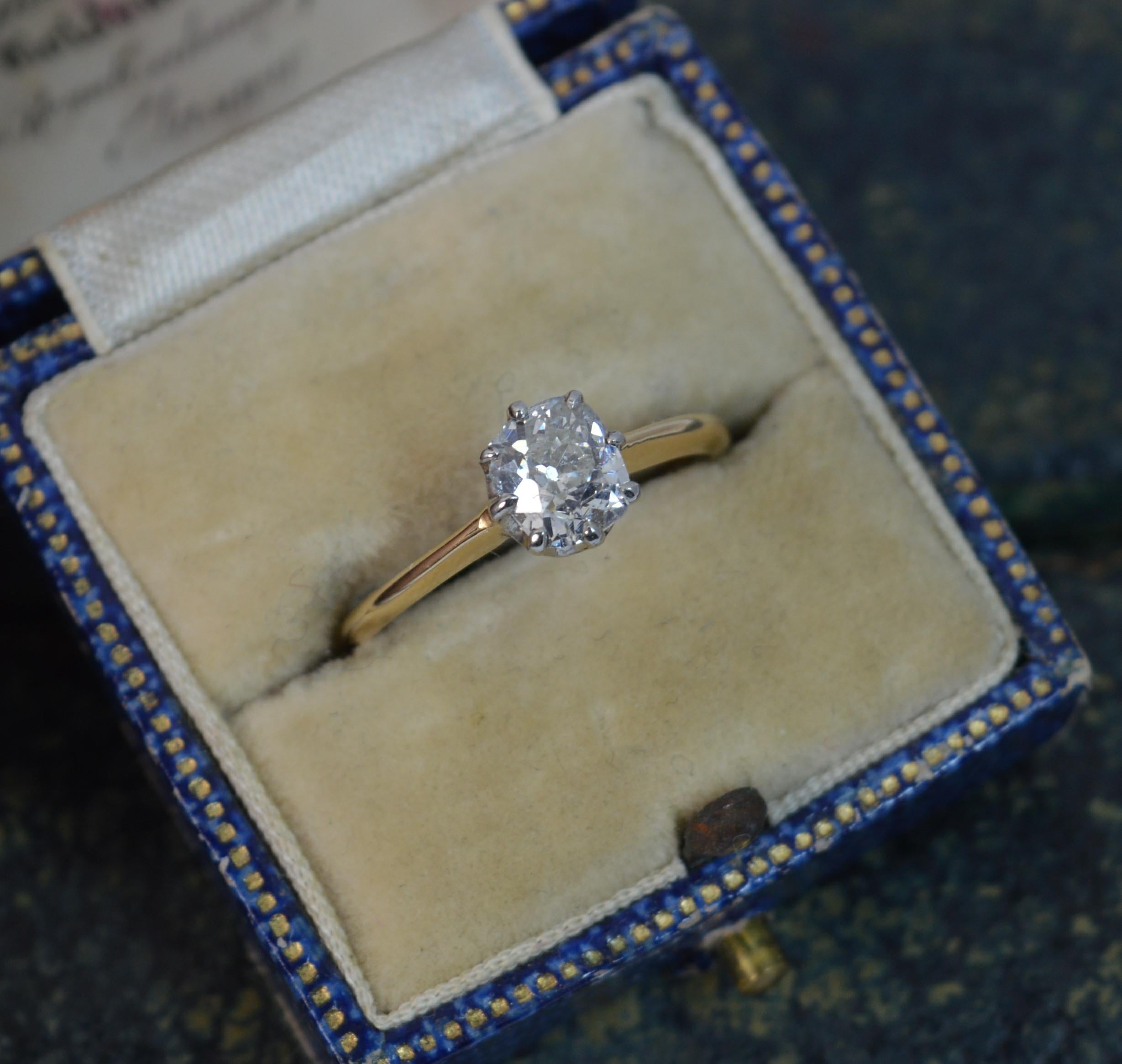 A true antique engagement ring. Victorian era, c1890.
SIZE ; M 1/2 UK, 6 1/2 US
​Solid 18 carat yellow gold ring set with a single diamond in platinum claw setting.

​The natural diamond weighs approx 0.8 carats and measures 5.5mm x 6.2mm approx.