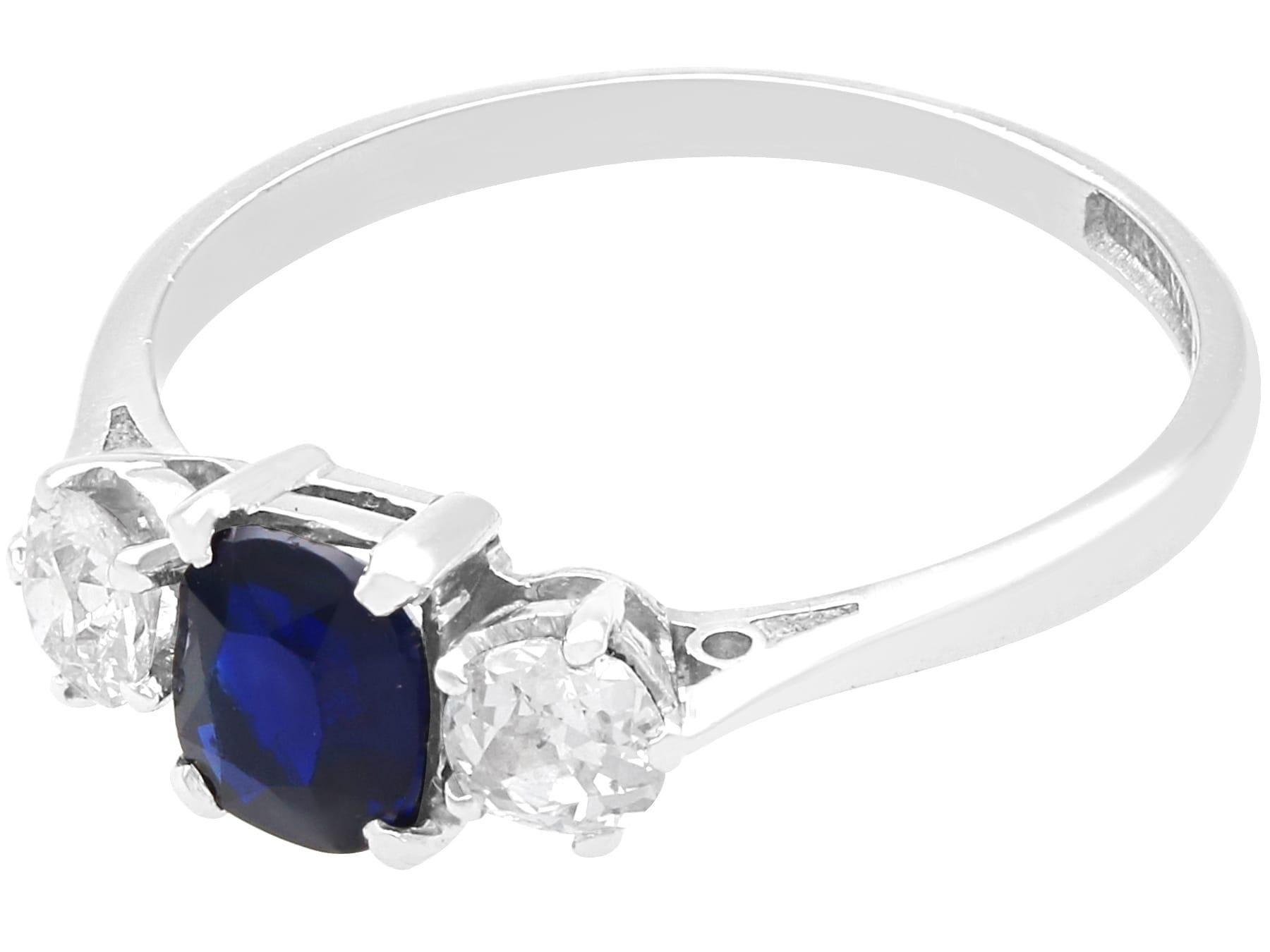 A fine and impressive antique 0.83 carat sapphire and 0.52 carat diamond, platinum trilogy ring; part of our diverse collection of antique sapphire rings.

This fine and impressive antique sapphire trilogy ring has been crafted in platinum.

The