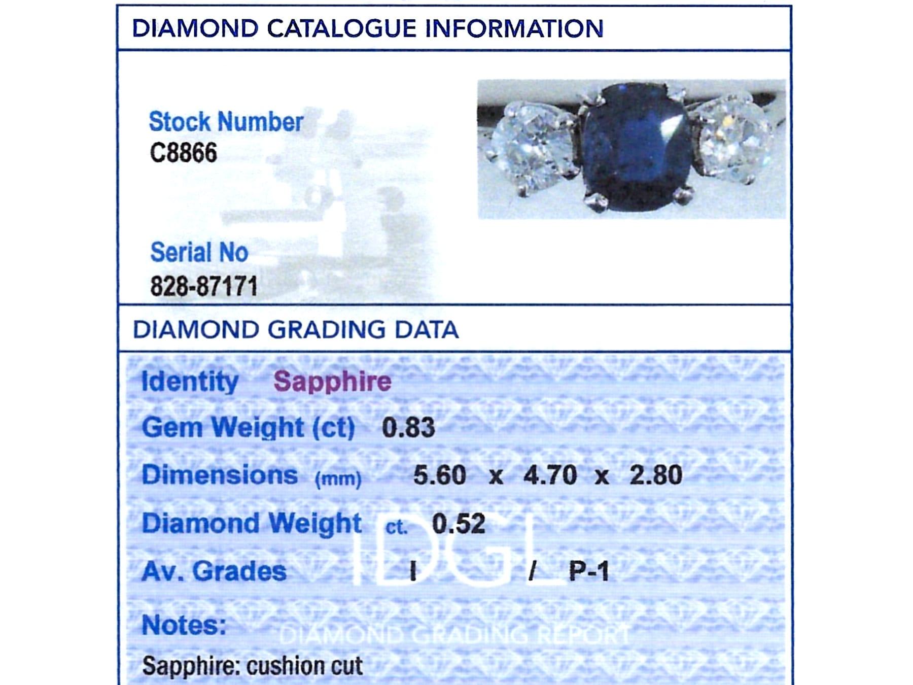Antique 0.83Ct Sapphire and 0.52Ct Diamond, Platinum Trilogy Ring Circa 1930 For Sale 3