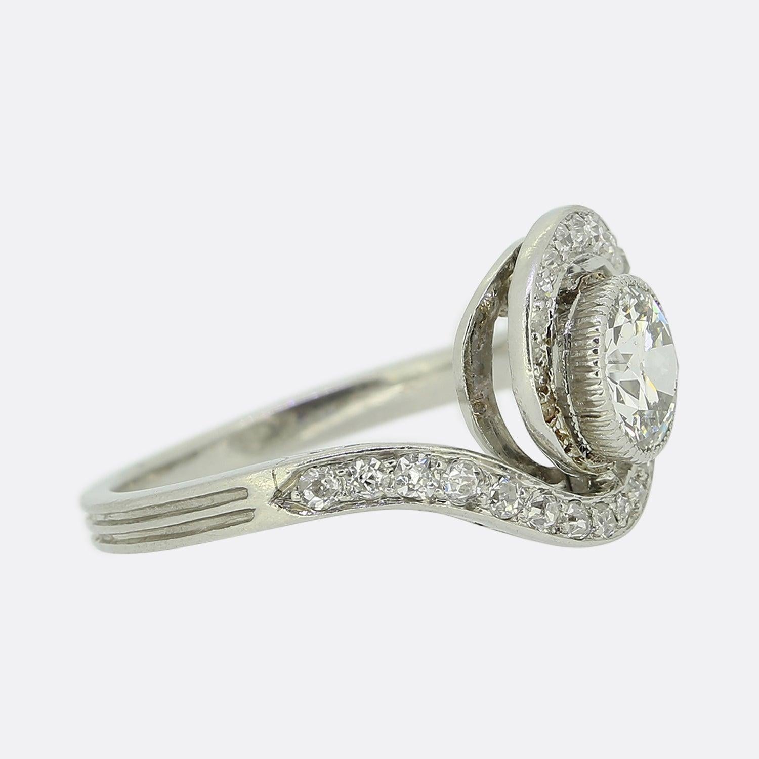 Old European Cut Antique 0.85 Carat Old Cut Diamond Swirl Ring For Sale
