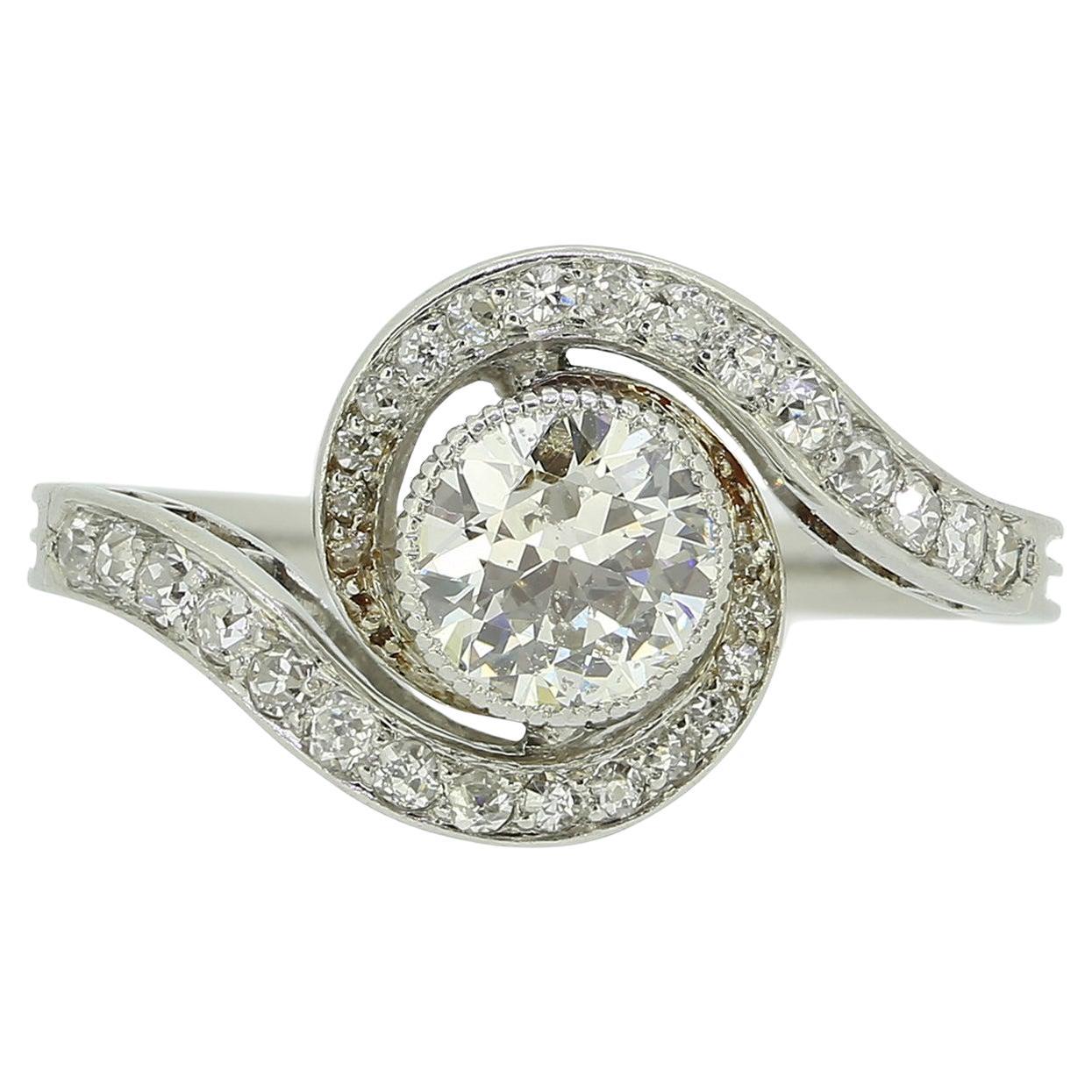 Antique 0.85 Carat Old Cut Diamond Swirl Ring For Sale