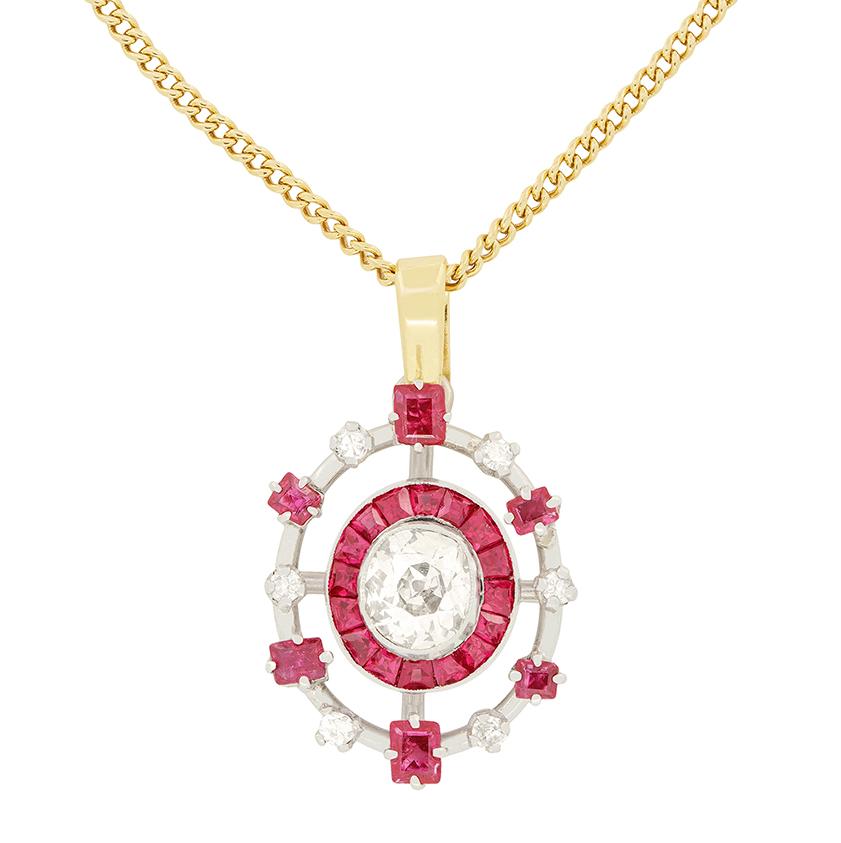 Art déco Pendentif ancien en diamants et rubis de 0,85 carat, c.1930 en vente