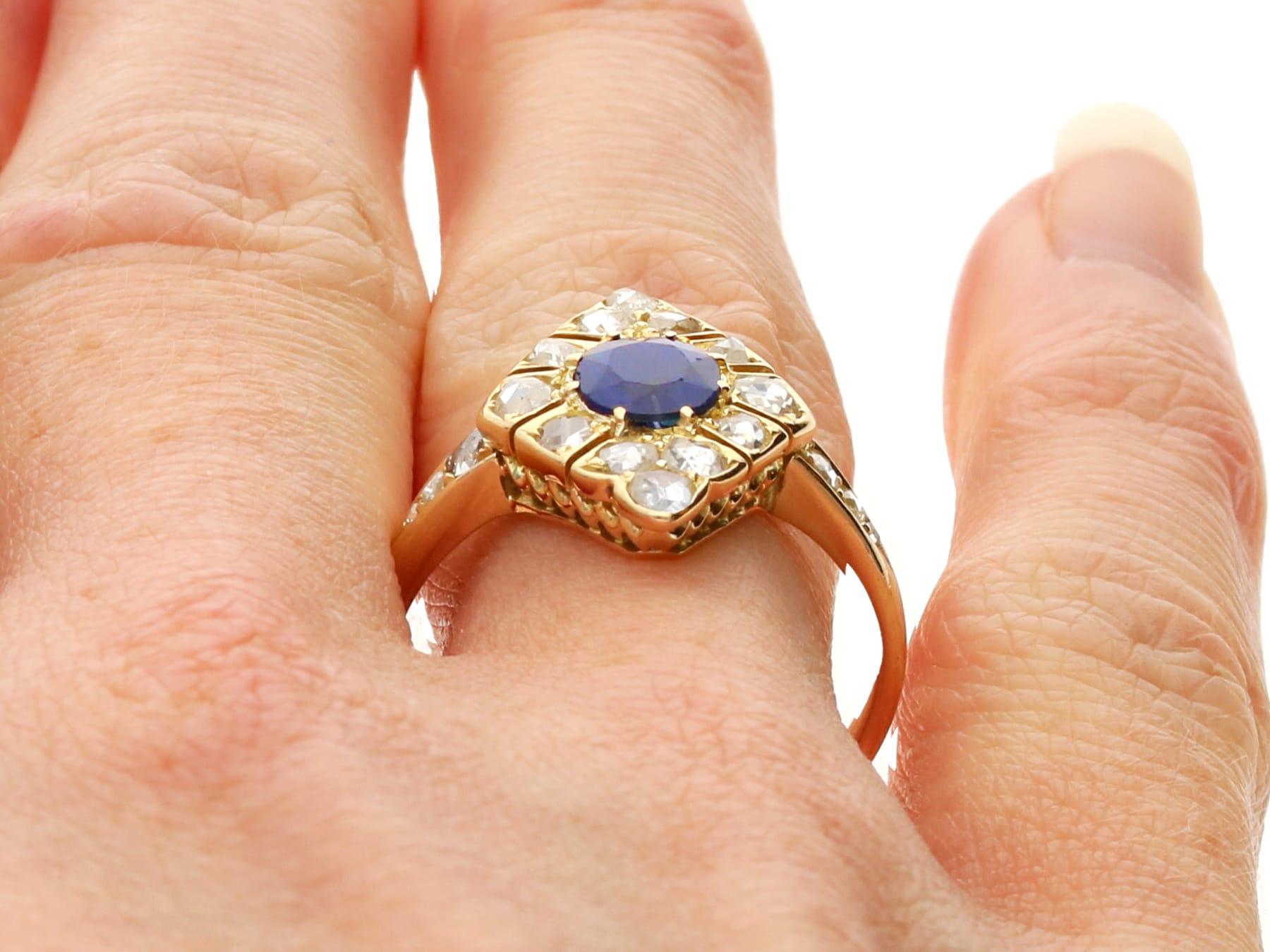 Antique 0.85ct Sapphire and 0.62ct Diamond 14k Yellow Gold Marquise Ring  For Sale 5