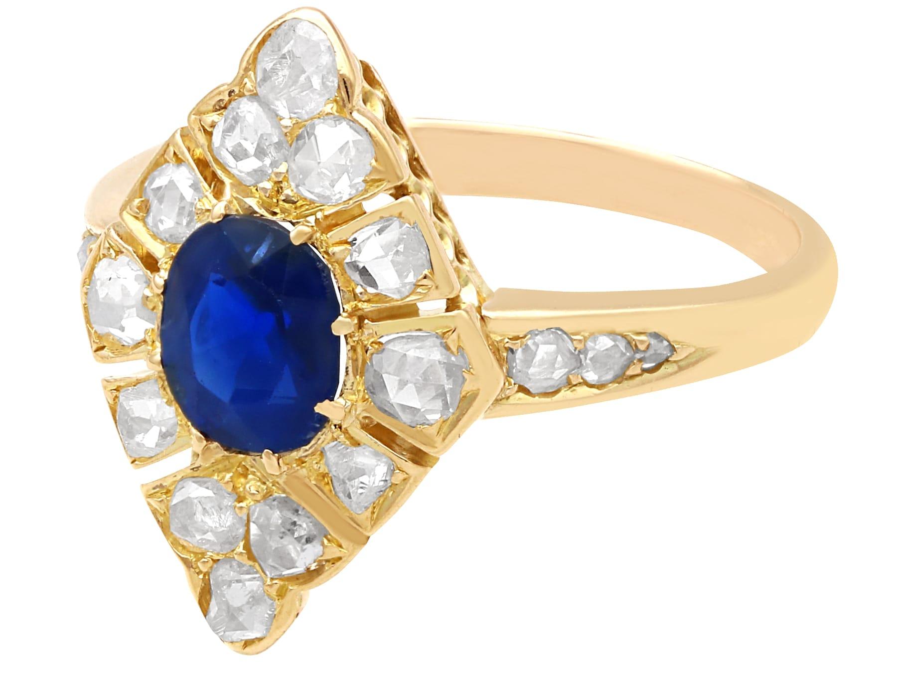 Oval Cut Antique 0.85ct Sapphire and 0.62ct Diamond 14k Yellow Gold Marquise Ring  For Sale