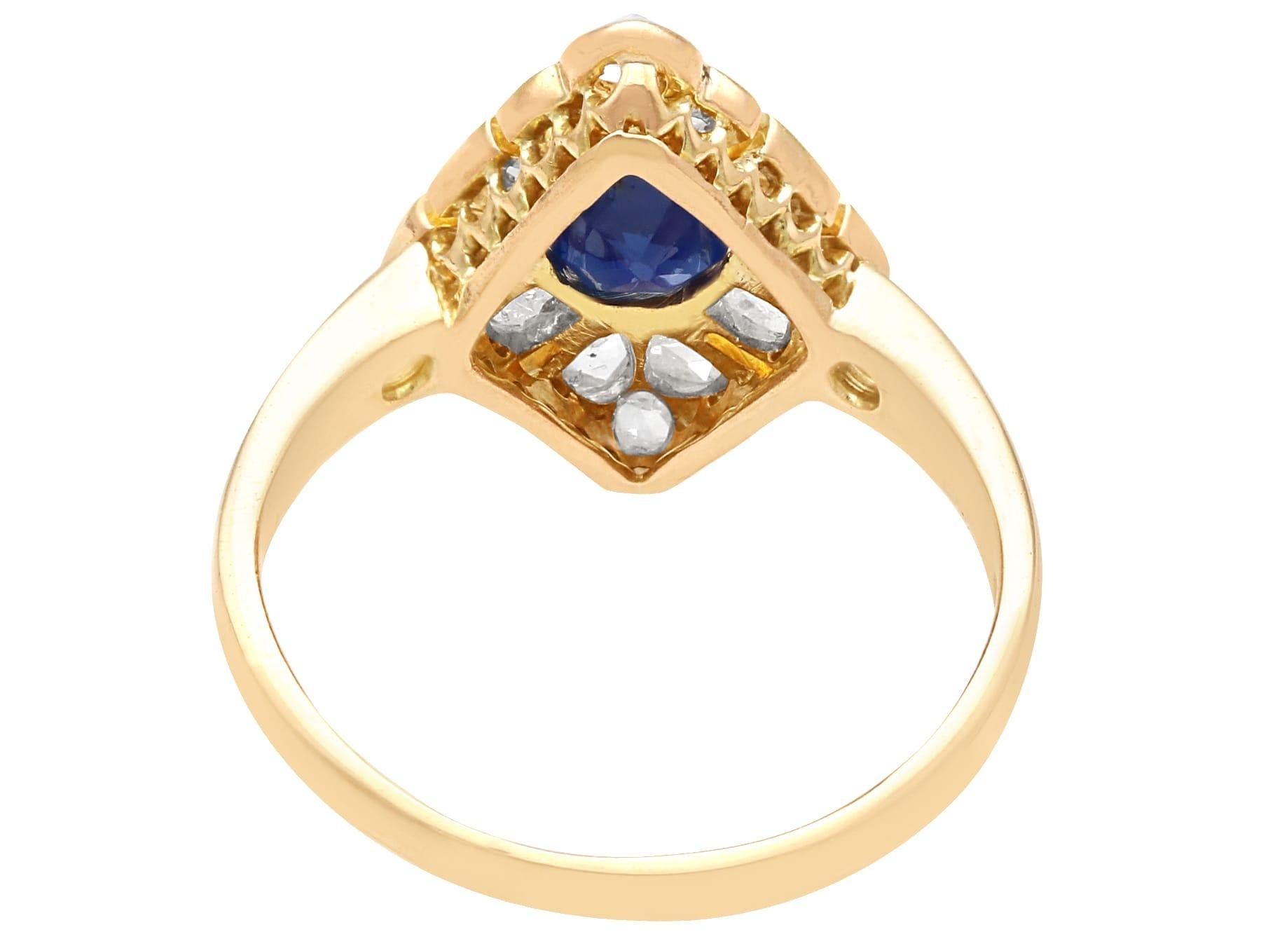 Antique 0.85ct Sapphire and 0.62ct Diamond 14k Yellow Gold Marquise Ring  In Excellent Condition For Sale In Jesmond, Newcastle Upon Tyne