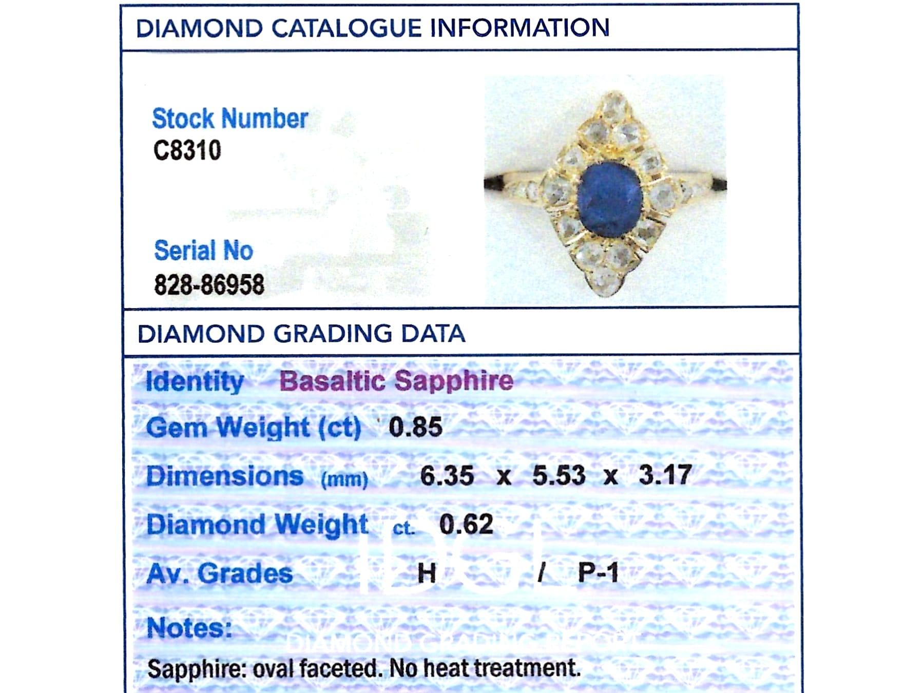 Bague marquise ancienne en or jaune 14 carats avec saphir 0,85 carat et diamants 0,62 carat  en vente 2