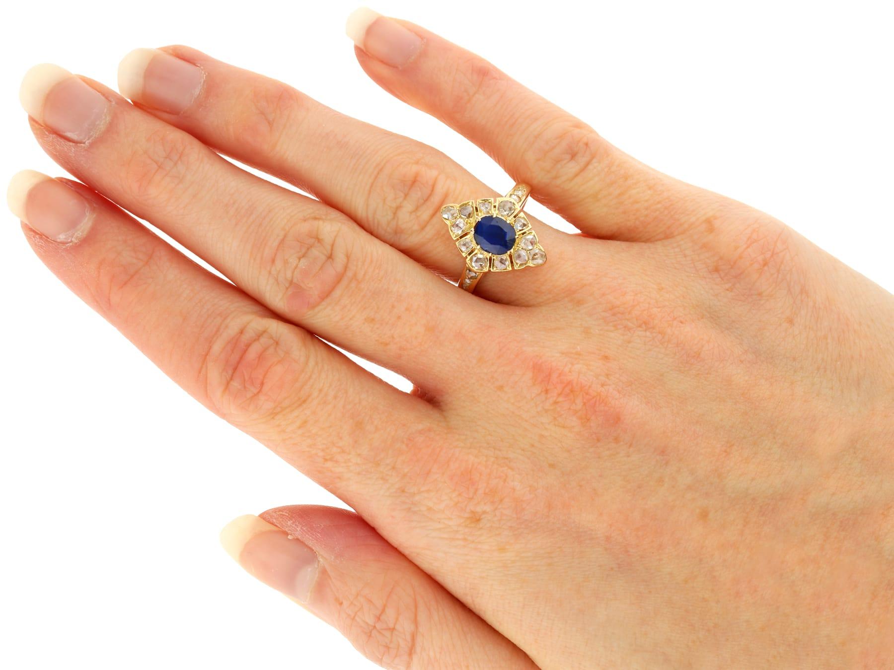 Antique 0.85ct Sapphire and 0.62ct Diamond 14k Yellow Gold Marquise Ring  For Sale 3