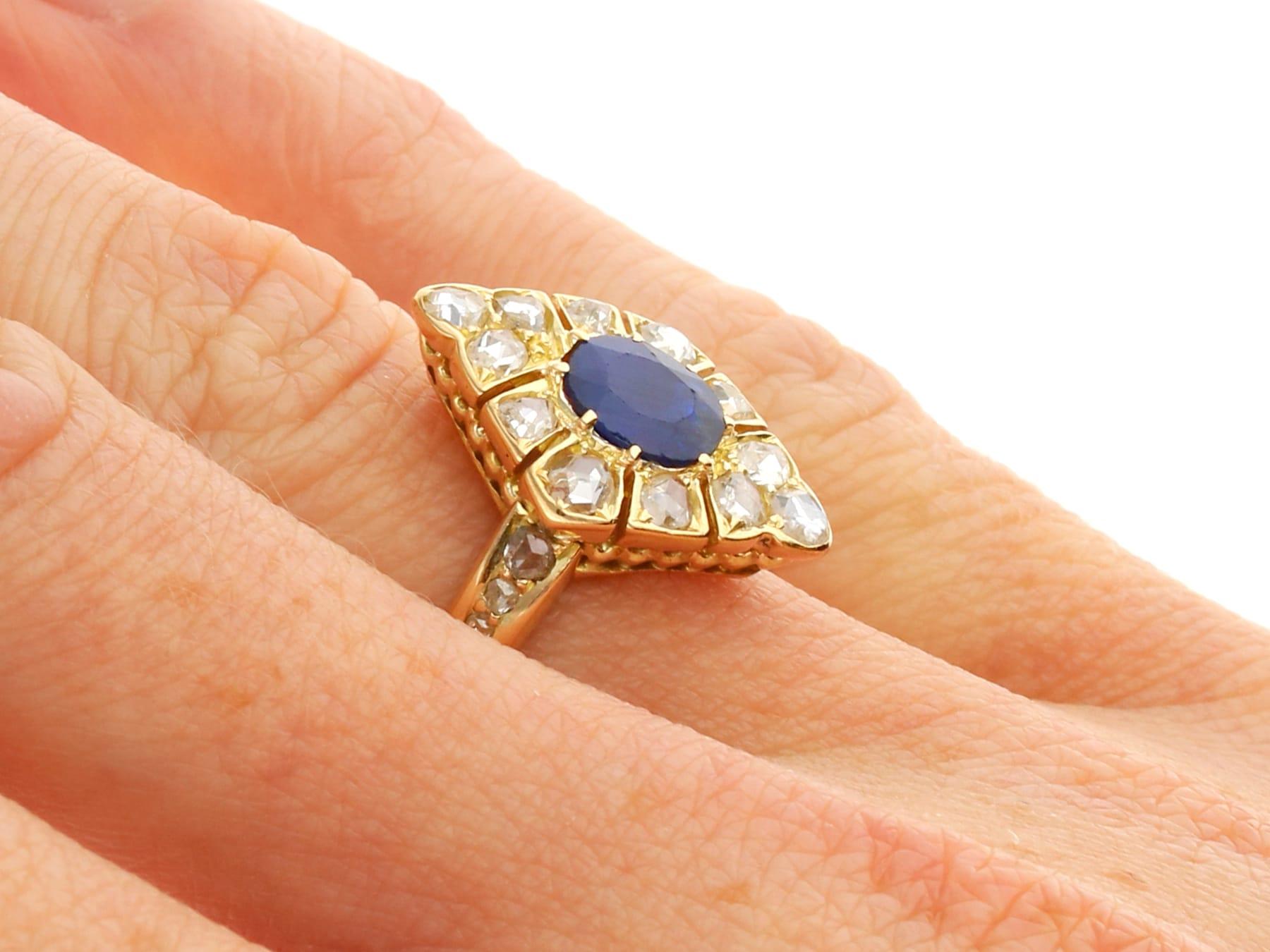 Antique 0.85ct Sapphire and 0.62ct Diamond 14k Yellow Gold Marquise Ring  For Sale 4