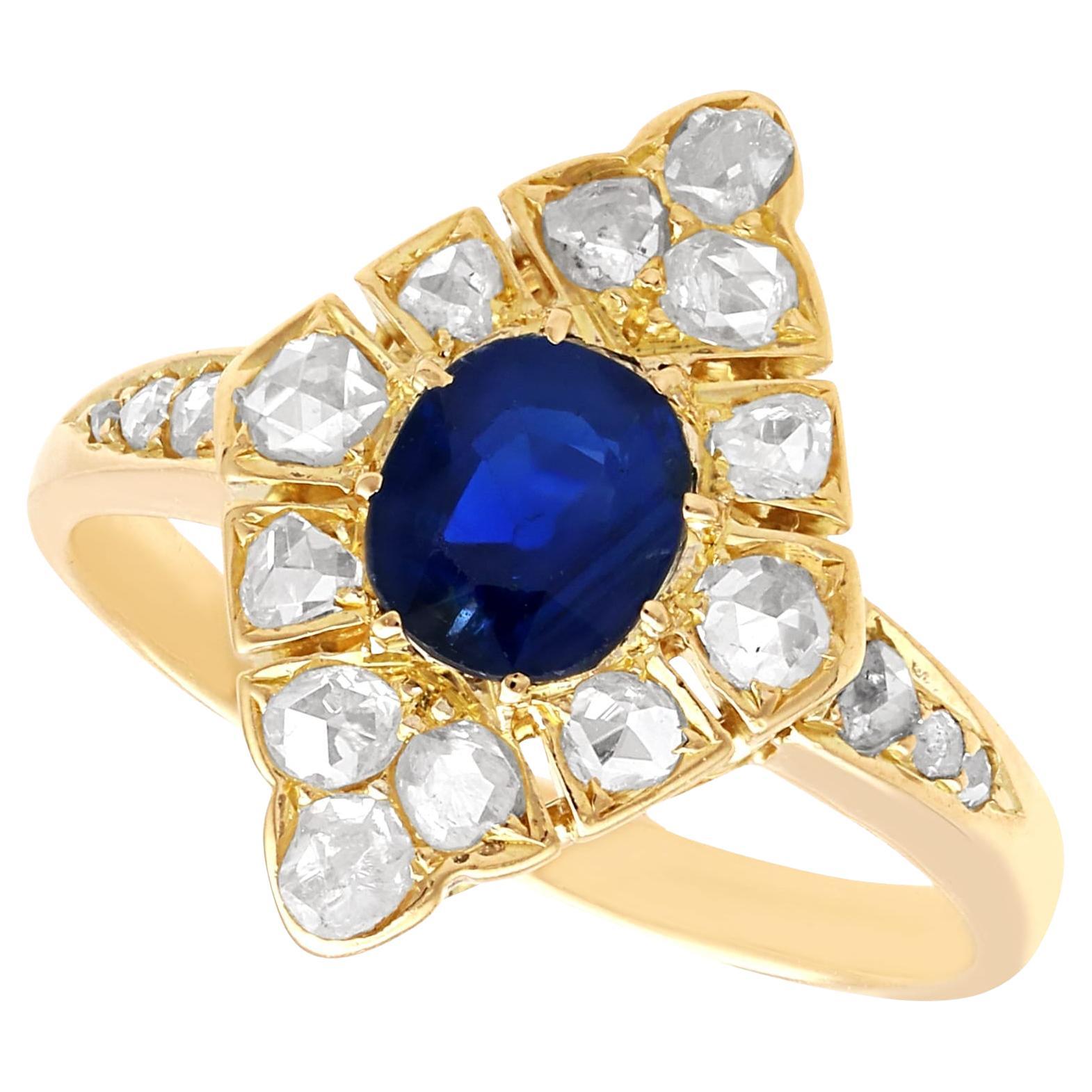 Antique 0.85ct Sapphire and 0.62ct Diamond 14k Yellow Gold Marquise Ring  For Sale