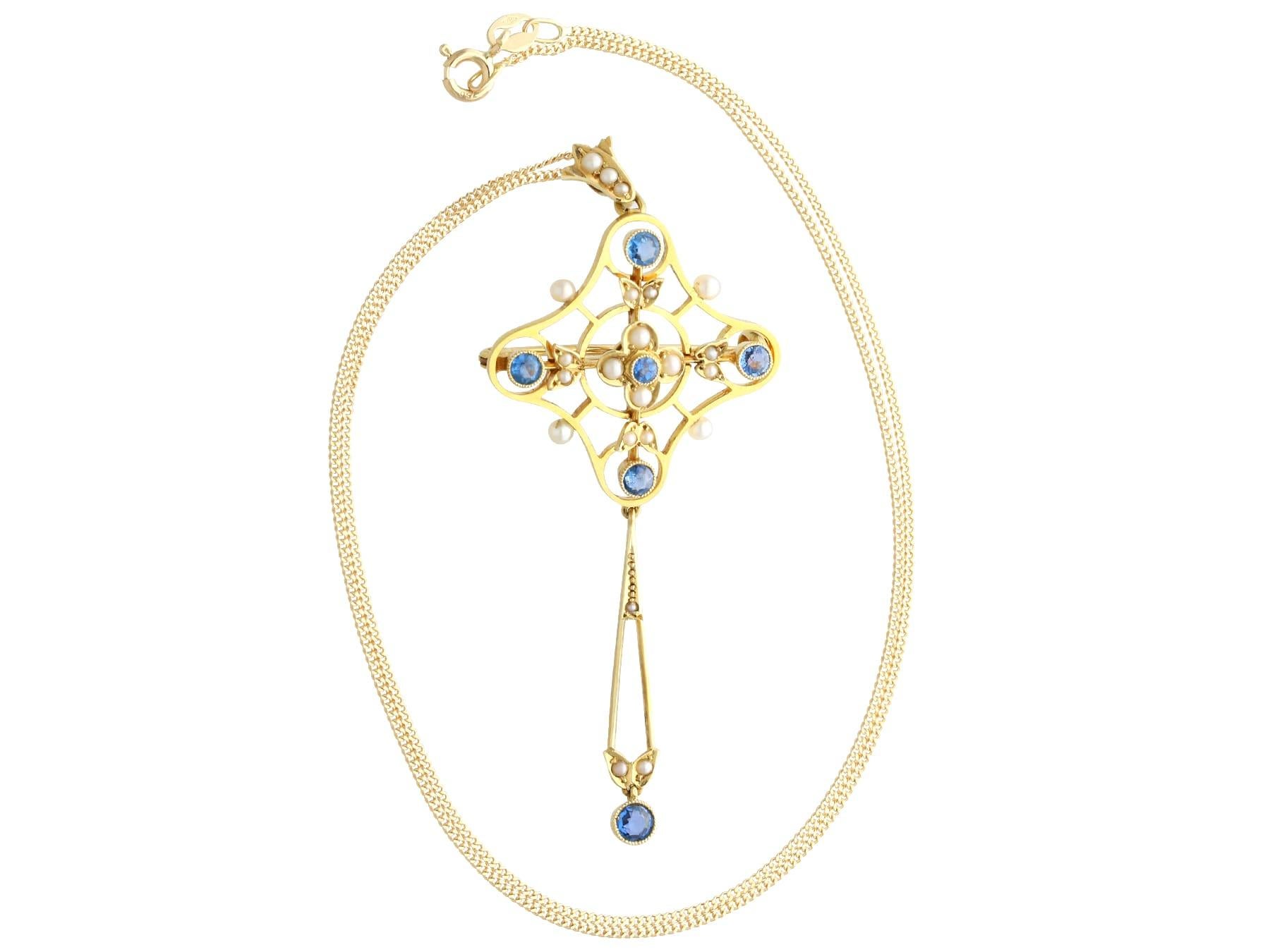 Round Cut Antique 0.85Ct Sapphire and Seed Pearl 15k Yellow Gold Pendant/Brooch For Sale