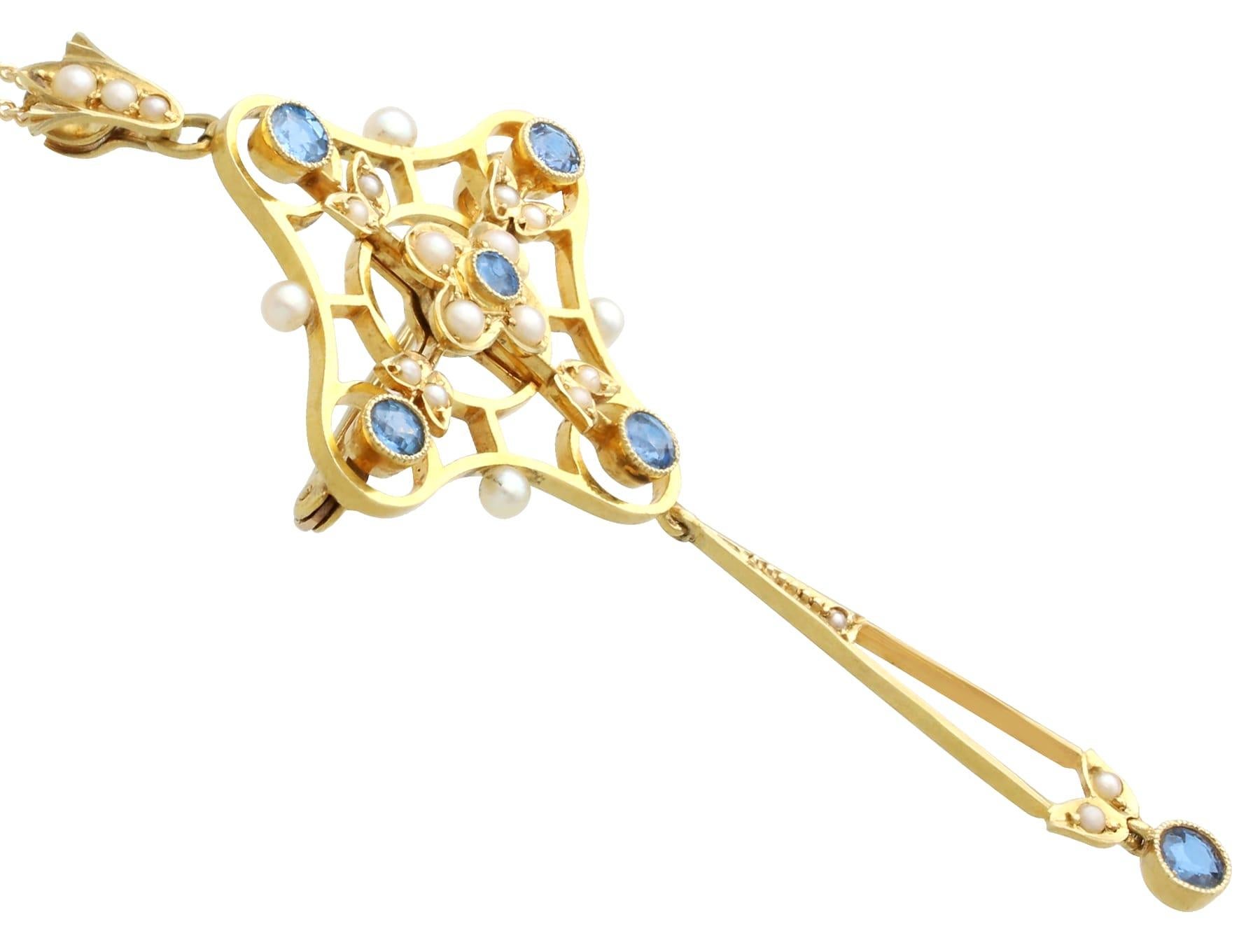 Antique 0.85 Carat Sapphire and Seed Pearl 15k Yellow Gold Pendant/Brooch In Excellent Condition For Sale In Jesmond, Newcastle Upon Tyne