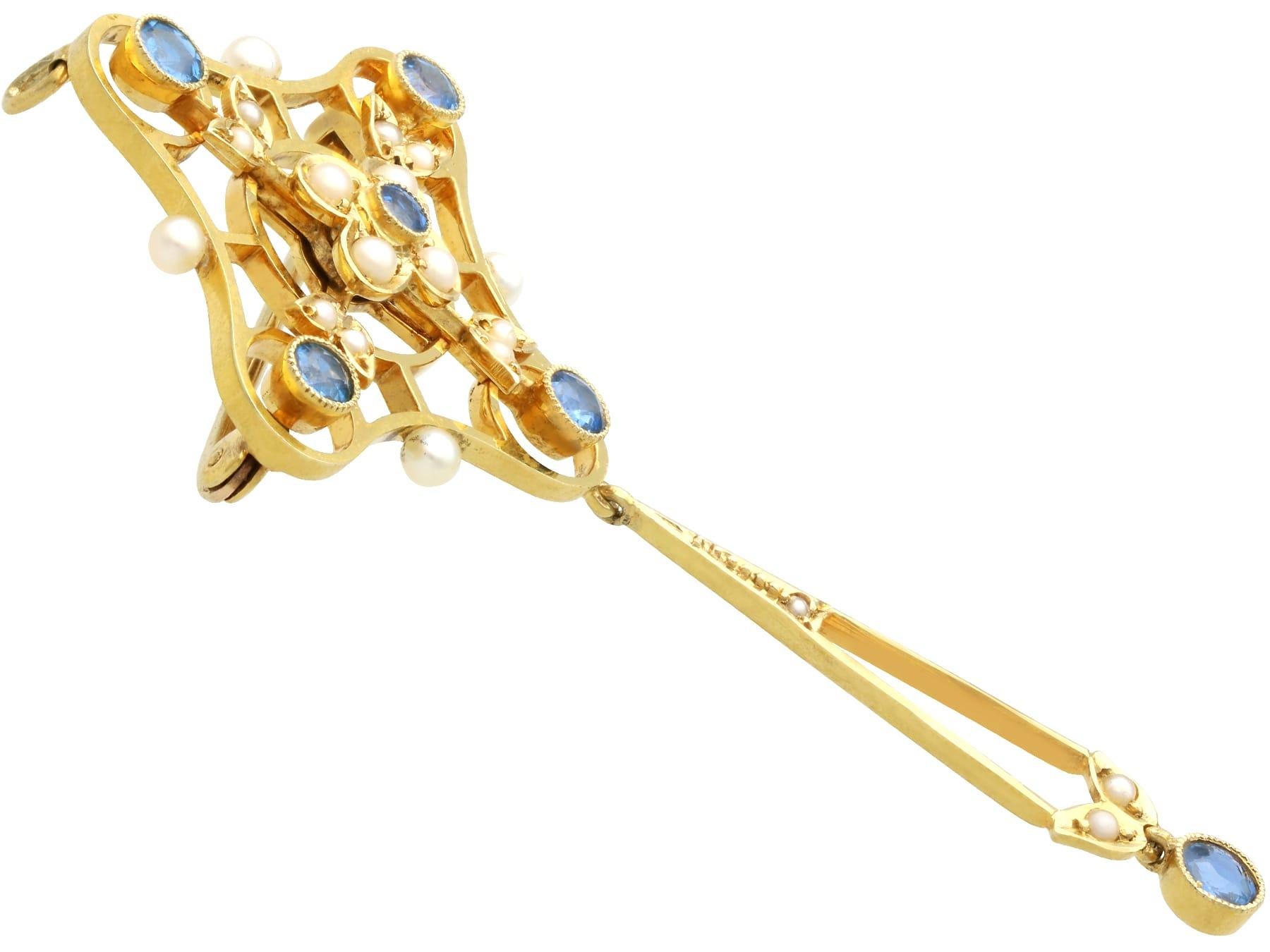 Women's or Men's Antique 0.85Ct Sapphire and Seed Pearl 15k Yellow Gold Pendant/Brooch For Sale