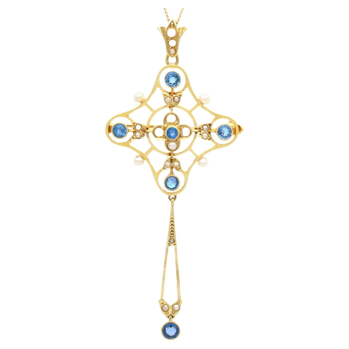 Antique 0.85Ct Sapphire and Seed Pearl 15k Yellow Gold Pendant/Brooch For Sale