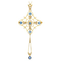 Pendentif/Broche ancien en or jaune 15 carats, saphir 0,85 carat et perle naturelle