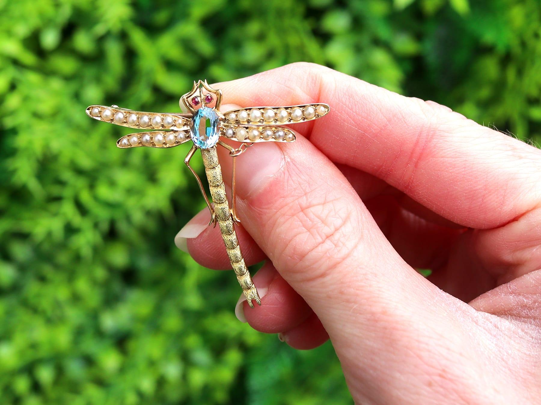 A stunning, fine and impressive antique 0.87 carat aquamarine, ruby and pearl, 15 karat yellow gold brooch in the form of a dragonfly; part of our diverse antique jewellery collections.

This stunning, fine and impressive antique brooch has been