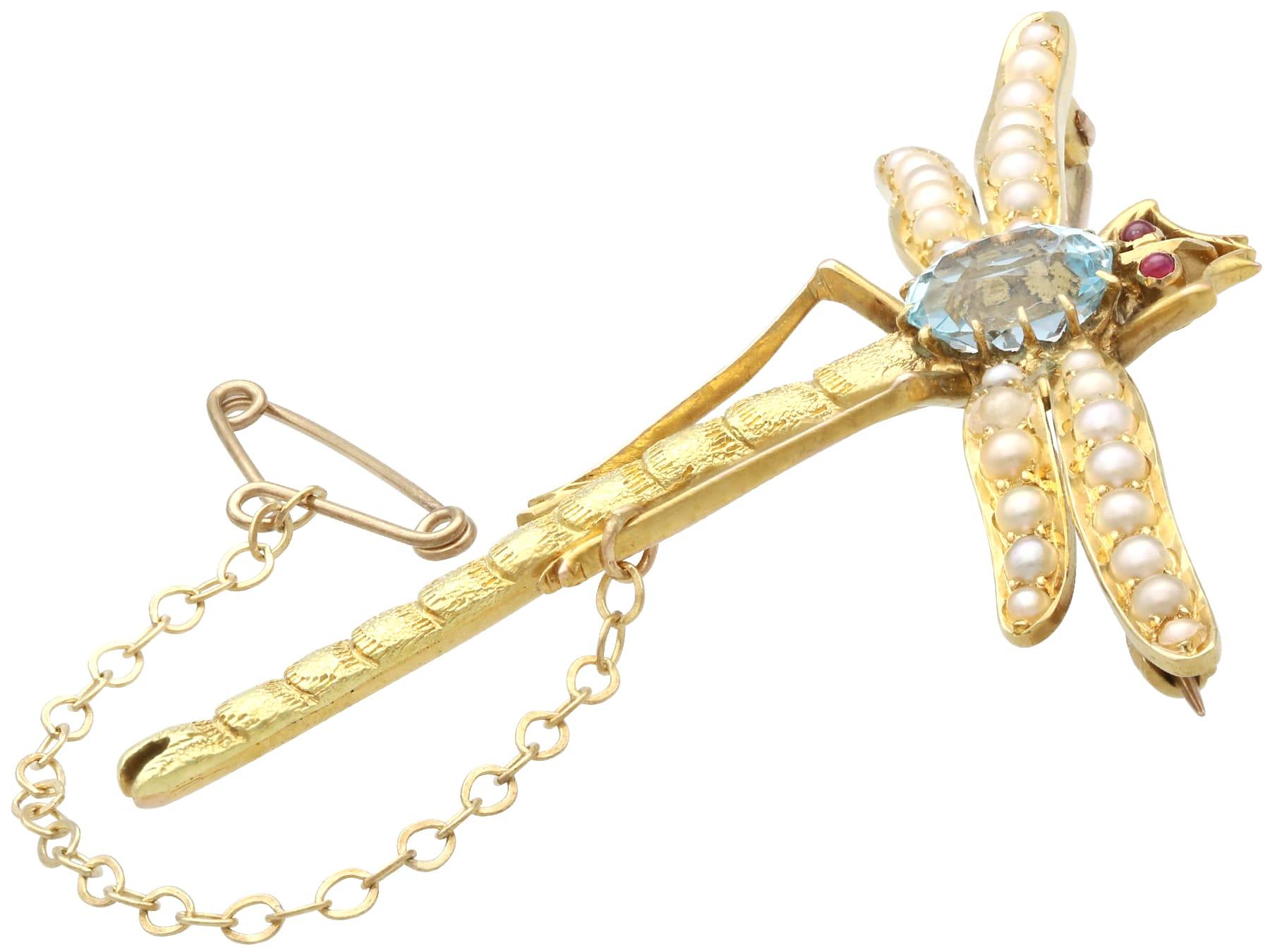 Antique 0.87 Carat Aquamarine Ruby and Pearl Yellow Gold Dragonfly Brooch In Excellent Condition For Sale In Jesmond, Newcastle Upon Tyne