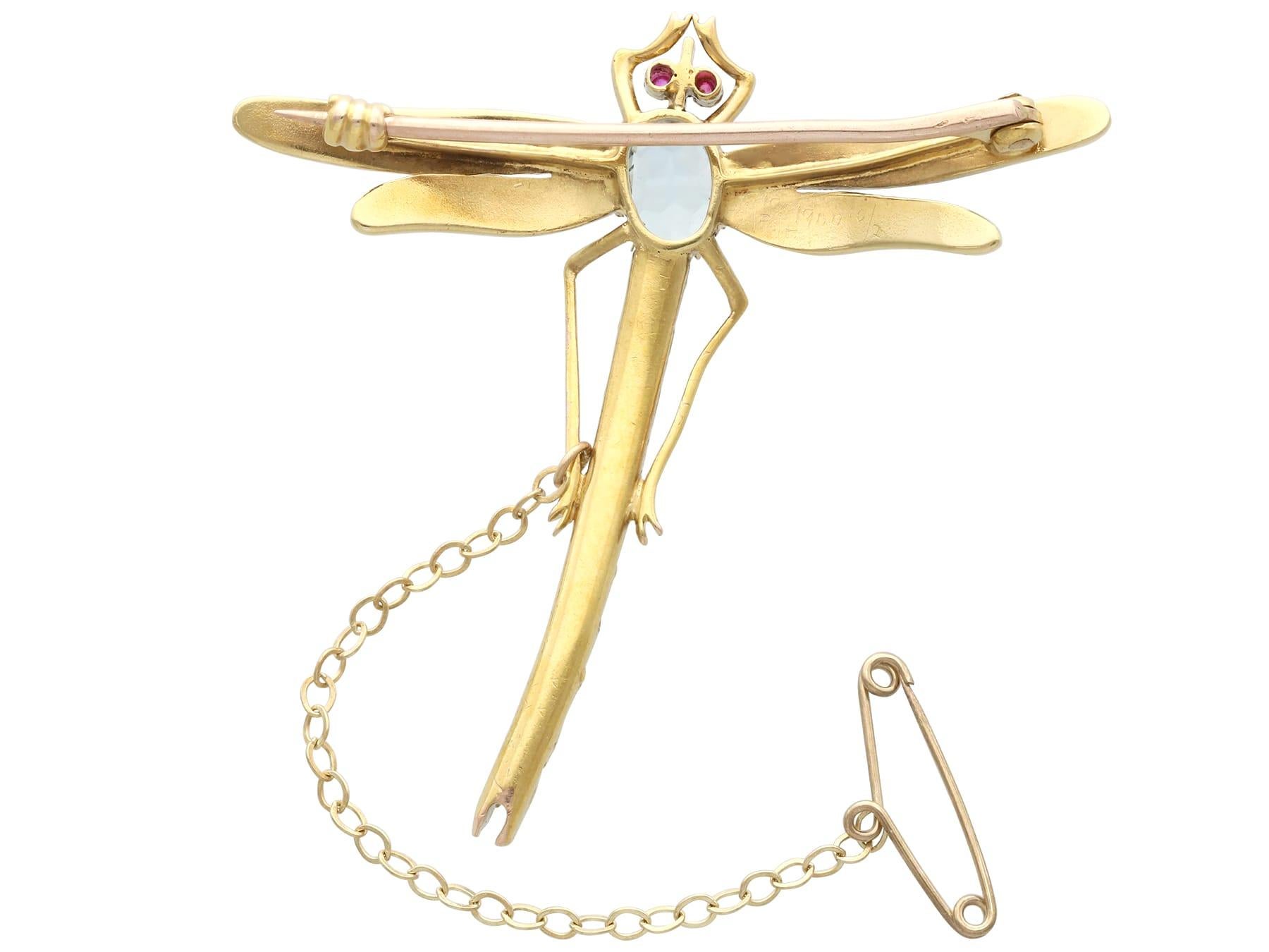 Women's or Men's Antique 0.87 Carat Aquamarine Ruby and Pearl Yellow Gold Dragonfly Brooch For Sale