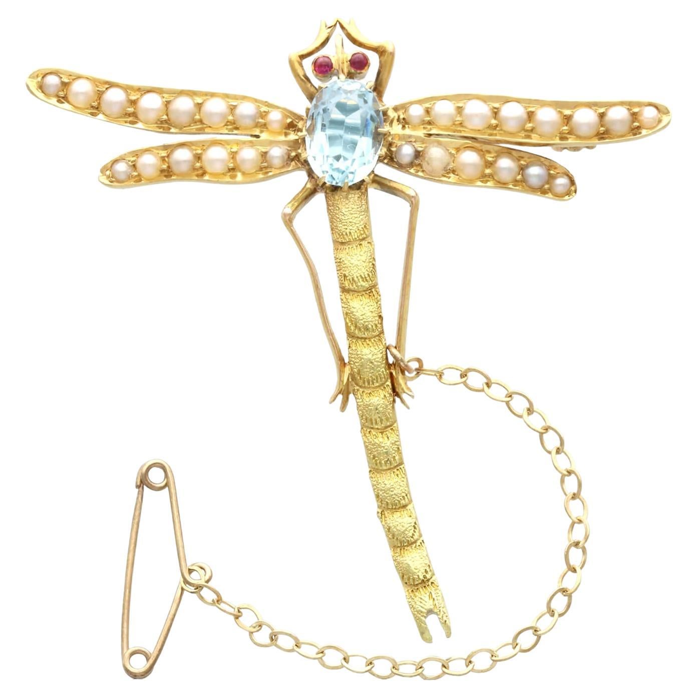 Antique 0.87 Carat Aquamarine Ruby and Pearl Yellow Gold Dragonfly Brooch For Sale