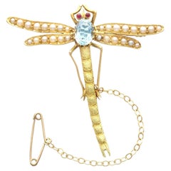 Antique 0.87 Carat Aquamarine Ruby and Pearl Yellow Gold Dragonfly Brooch