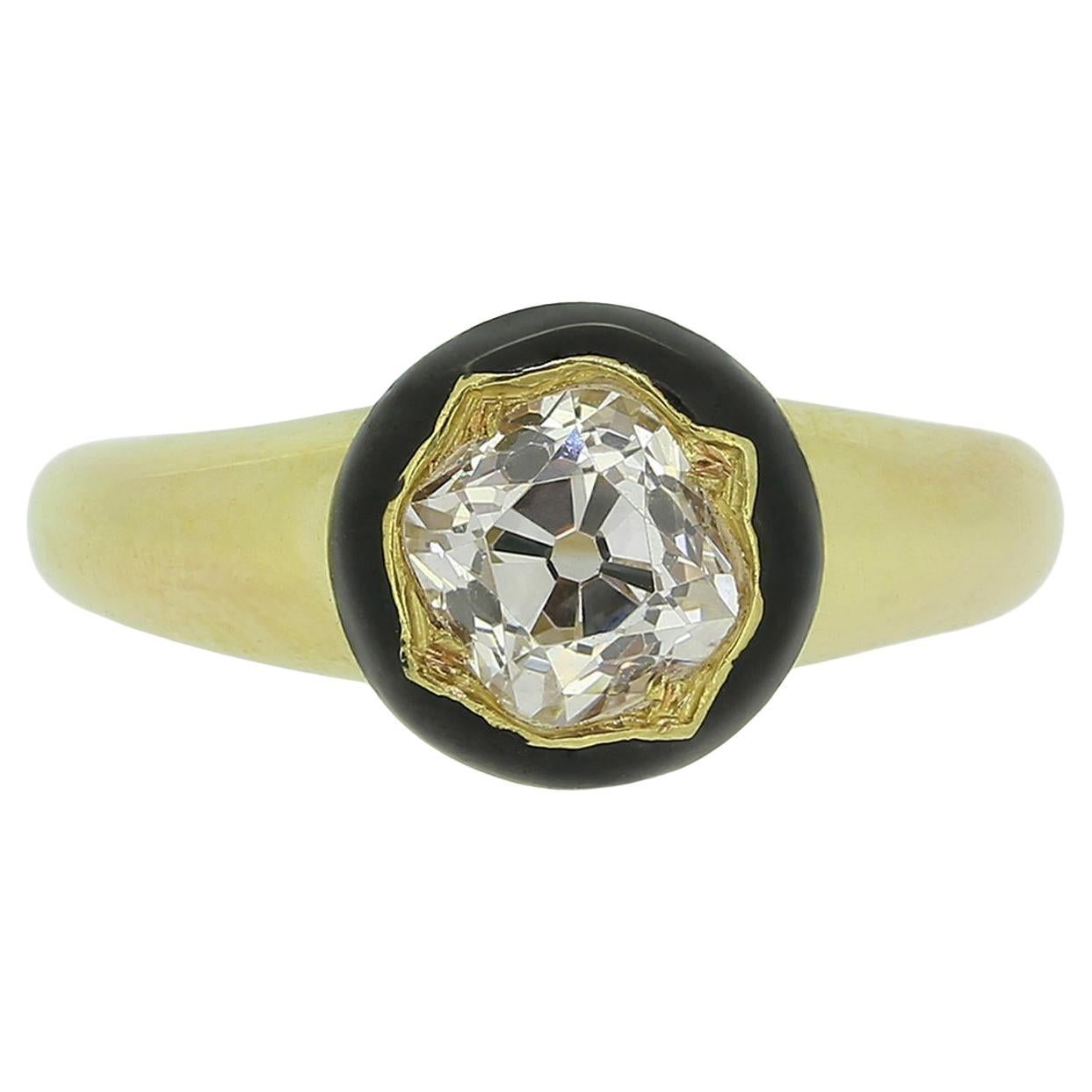 Bague solitaire ancienne en émail et diamant de 0,90 carat