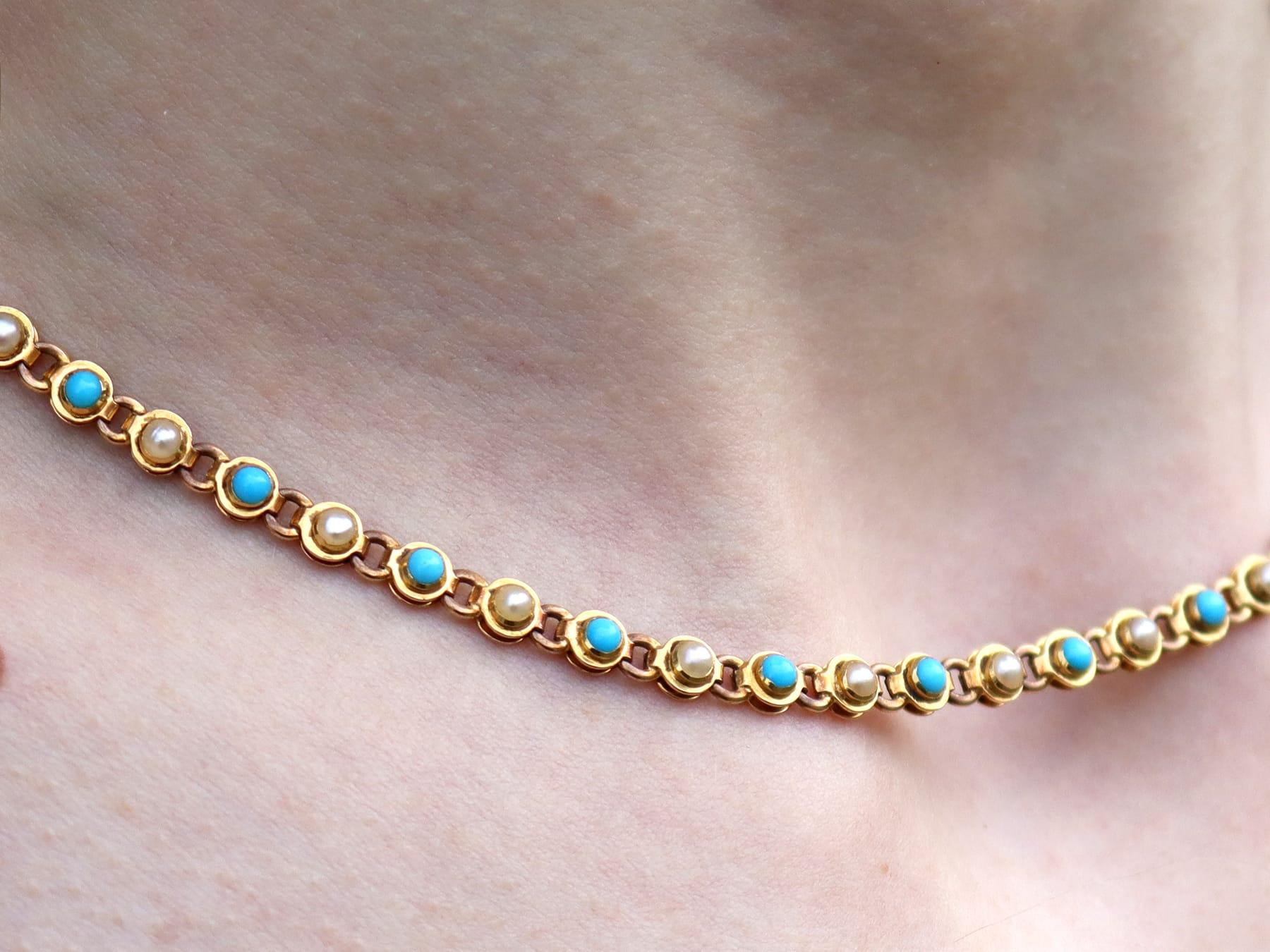Antiguo collar de oro amarillo de 15 quilates con turquesa y perlas de 0,90 quilates Circa 1880 en venta 9