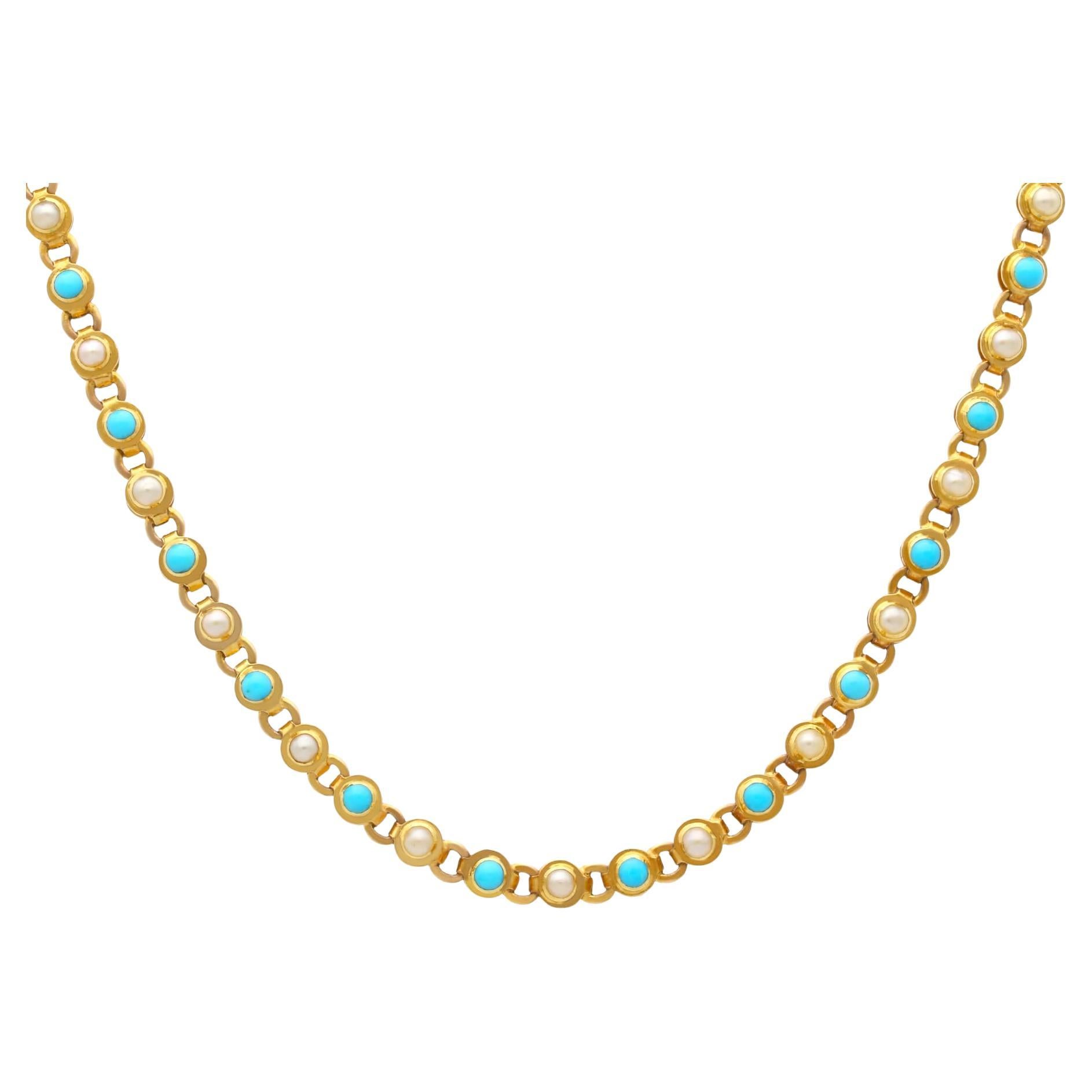 Collier ancien en or jaune 15 carats avec turquoise et perles naturelles de 0,90 carat, c. 1880