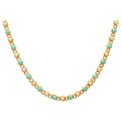 Collier ancien en or jaune 15 carats avec turquoise et perles naturelles de 0,90 carat, c. 1880