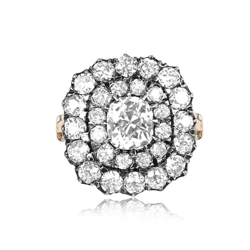 A Victorian diamond cluster ring showcases a prong-set antique cushion-cut center diamond weighing about 0.91 carats (J color, VS1 clarity). The center stone is surrounded by a double halo of old European cut diamonds, totaling approximately 2.72