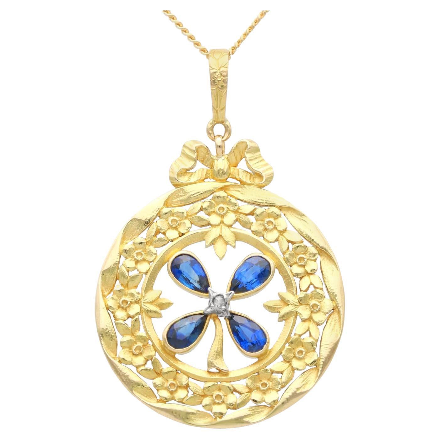 Antique 0.98 Carat Sapphire and Diamond 18K Yellow Gold Pendant