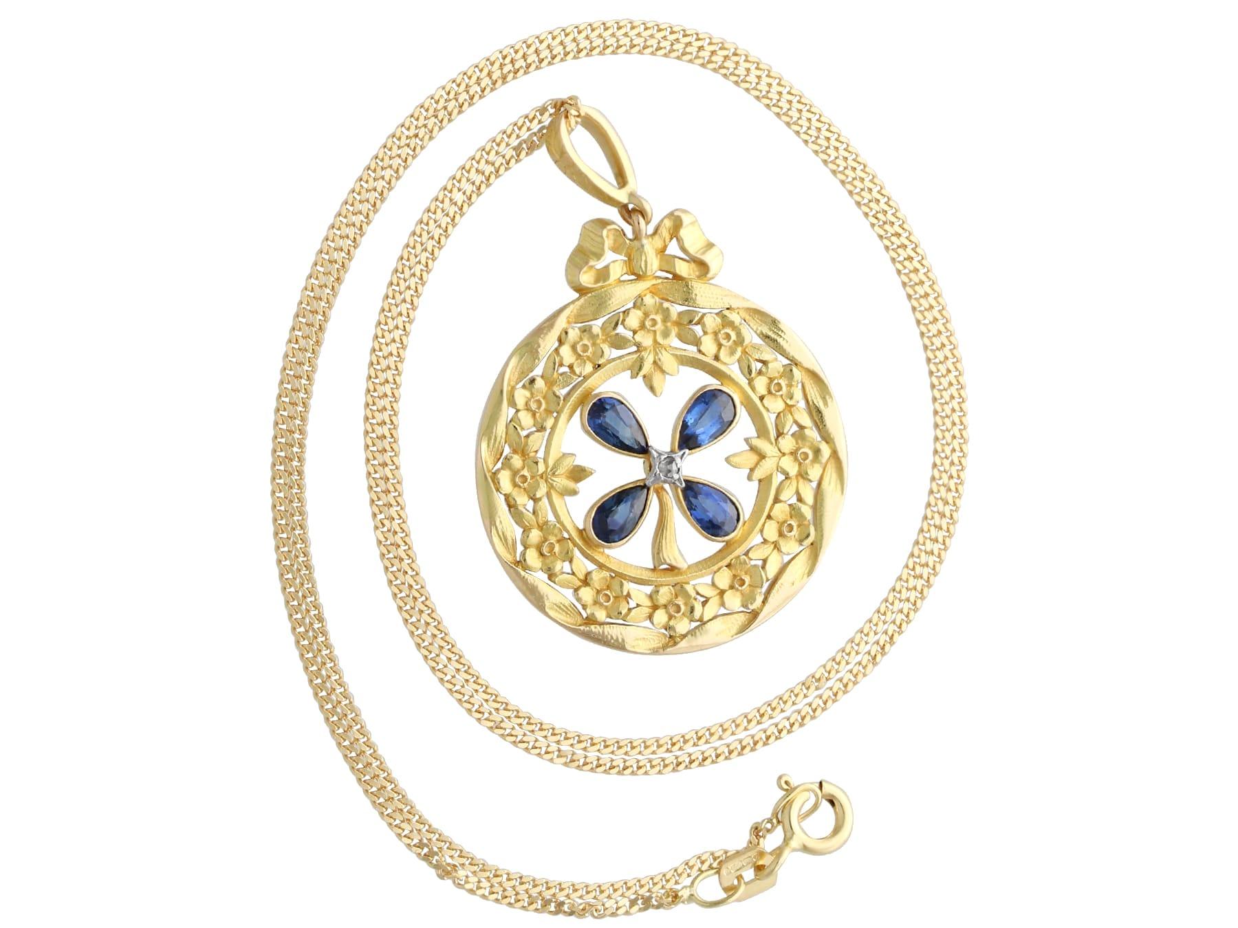 Pear Cut Antique 0.98 Carat Sapphire and Diamond 18K Yellow Gold Pendant For Sale