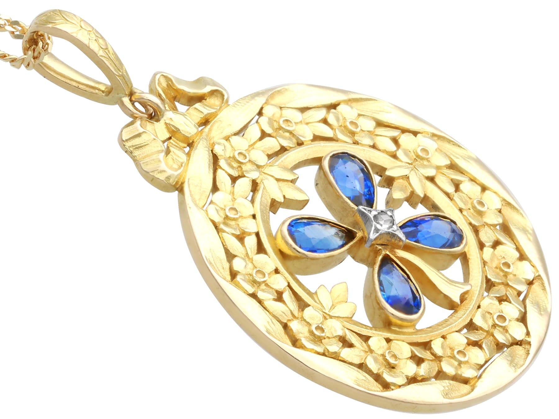 Antique 0.98 Carat Sapphire and Diamond 18K Yellow Gold Pendant In Excellent Condition For Sale In Jesmond, Newcastle Upon Tyne