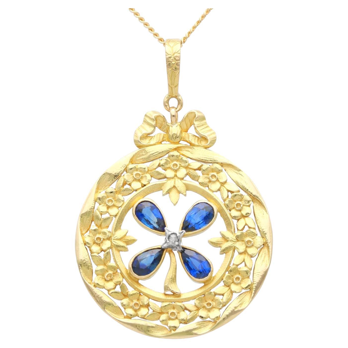 Pendentif ancien en or jaune 18 carats avec saphir de 0,98 carat et diamants