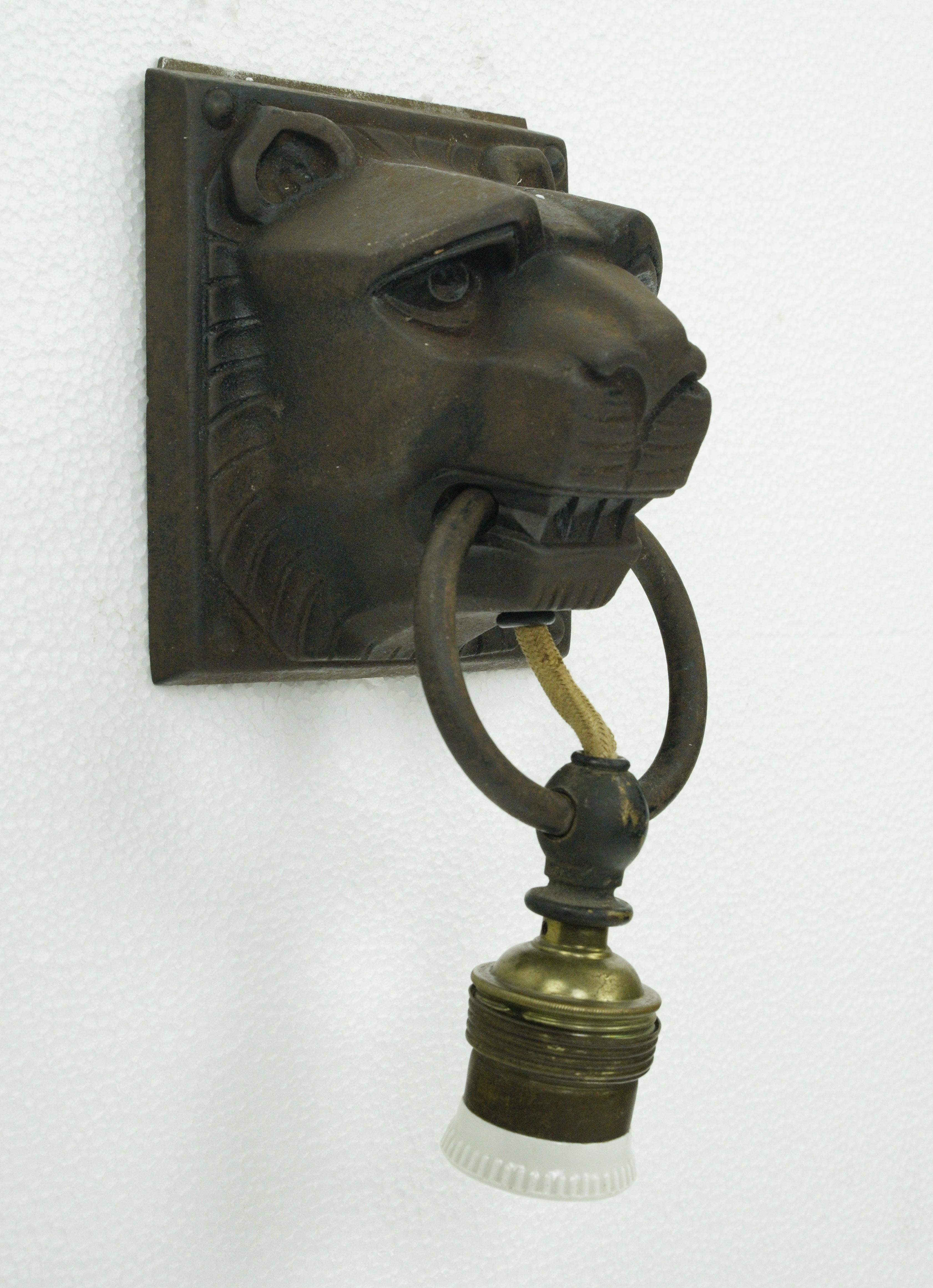 French Antique 1 Bulb Cast Iron Lion Head Wall Sconce