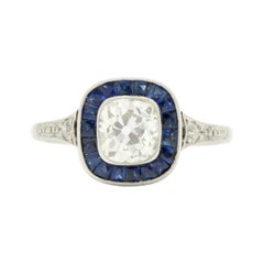Vintage 1 Carat Cushion Cut Diamond Engagement Ring Art Deco Style Platinum Sapphire