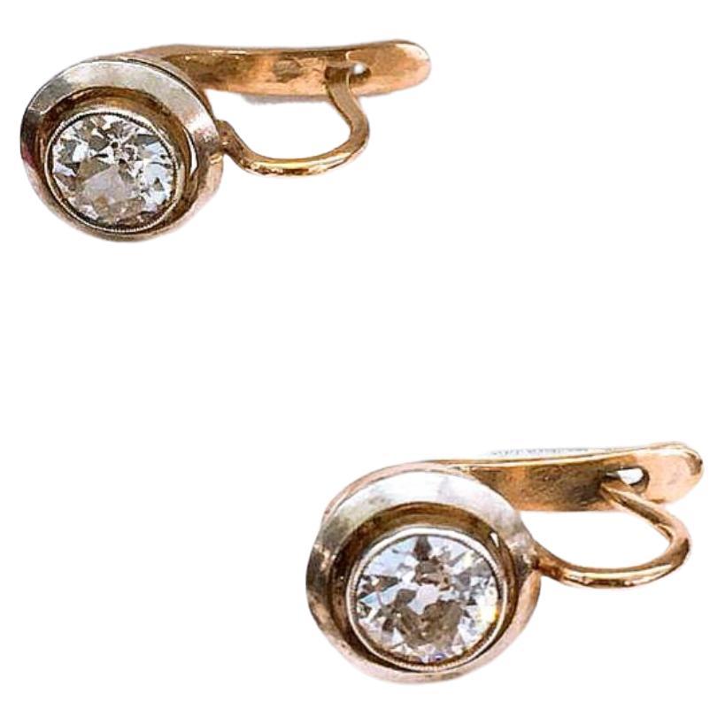 Women's Antique 1 Carat Old Mine Cut Diamond Gold Earrings For Sale
