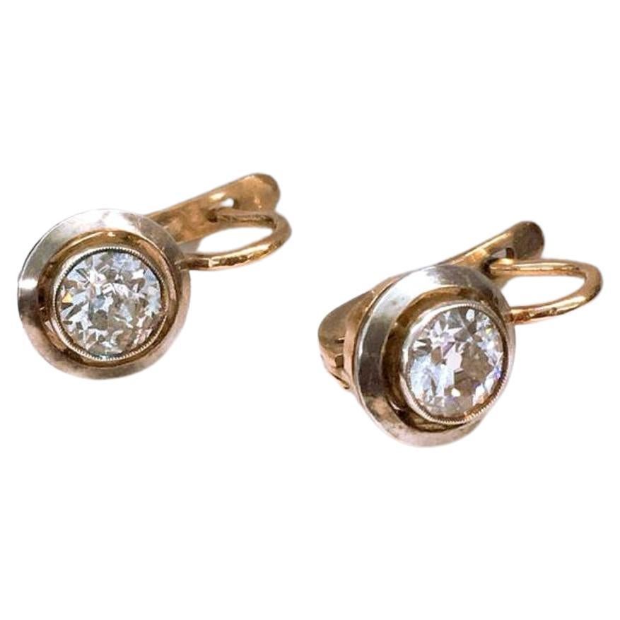 Antique 1 Carat Old Mine Cut Diamond Gold Earrings For Sale