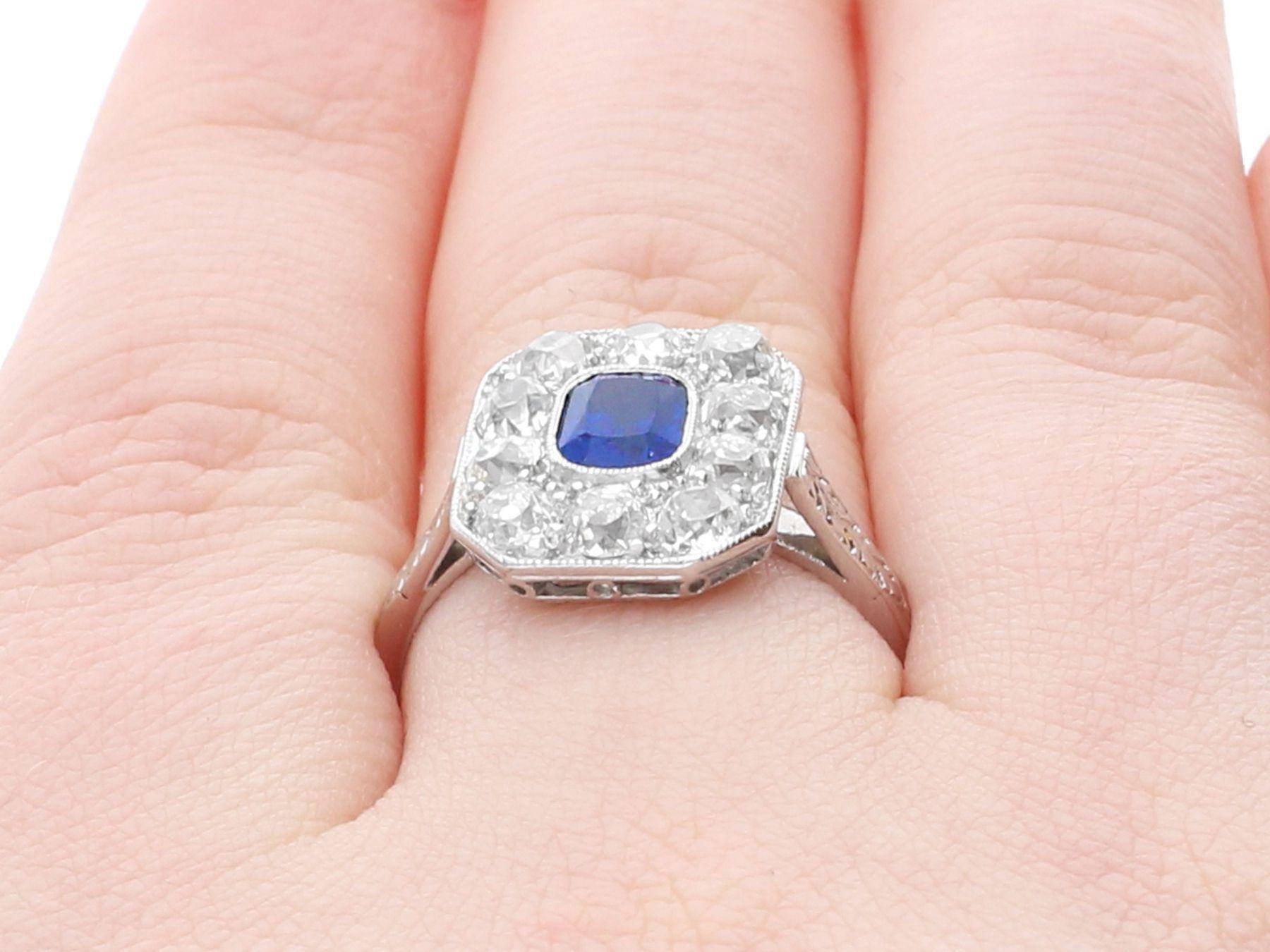 Antique 1 Carat Sapphire and 1.10 Carat Diamond Platinum Cluster Ring For Sale 5